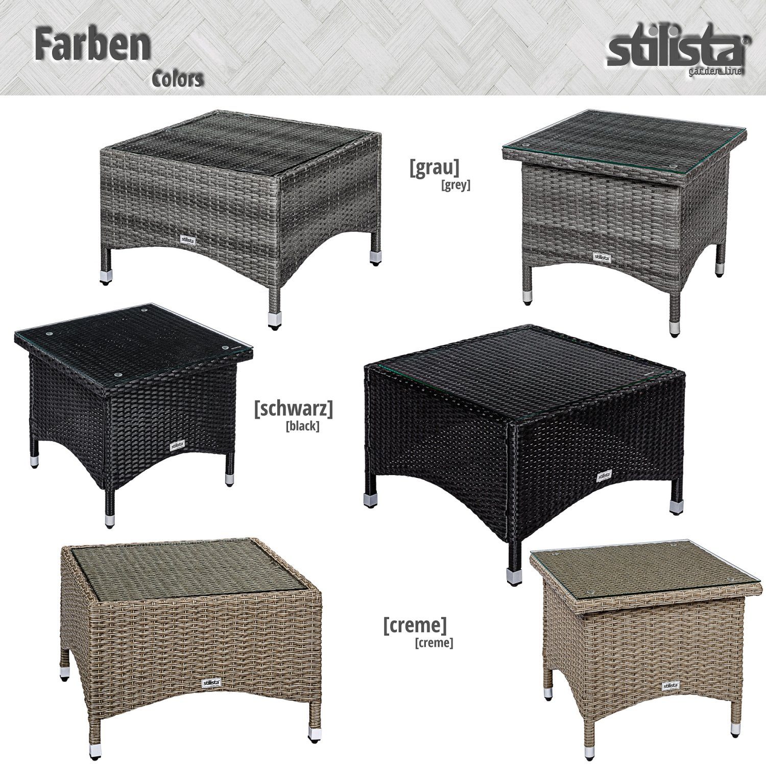 STILISTA Beistelltisch Gartentisch Balkontisch Loungetisch Kaffeetisch, Eckig, Glas Tischplatte, Polyrattan, Modell- und Farbwahl