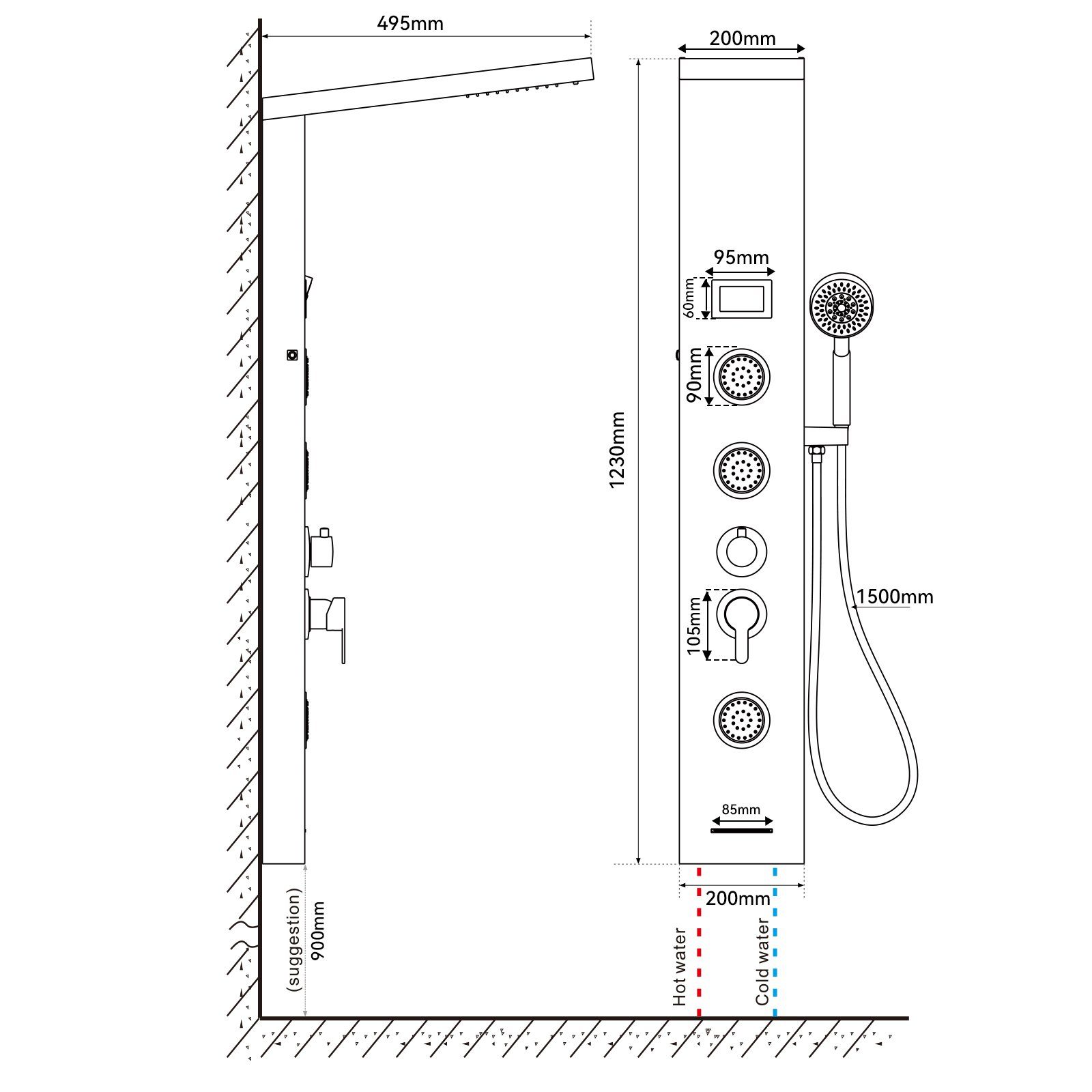 Auralum Duschsystem 5-Funktion LED Duschpaneel Badezimmer mit Dusch Duschsäule Handbrause, Edelstahl Duschset, Wassertemperatur-Display