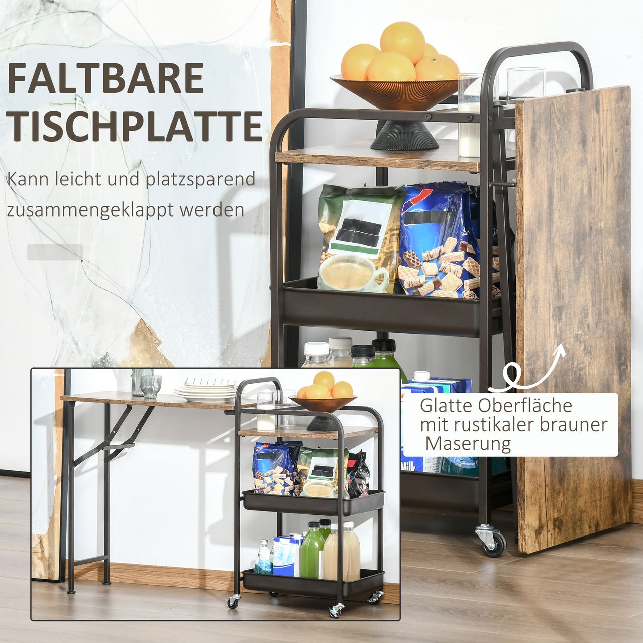 HOMCOM Küchenwagen Küchenrollwagen Servierwagen mit 1 klappbaren Tischplatte 2 Tabletts und 1 offenes Regal Rollen Verstellbare Fußpolster E1-Spanplatte Metall Rustikal-Braun 118 x 36,5 x 82 cm