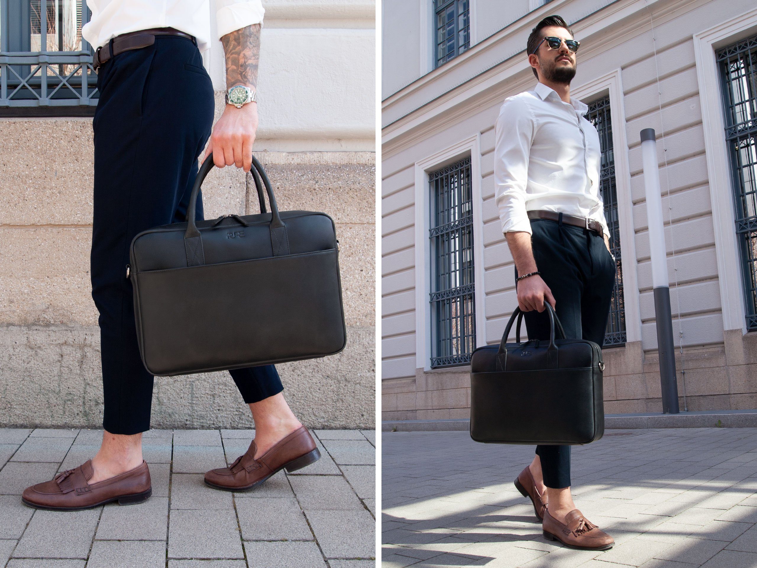 PURE Leather Studio Aktentasche Laptoptasche NAOS Cognac, Echtleder Businesstasche bis 15,6 Zoll Umhängetasche Herren