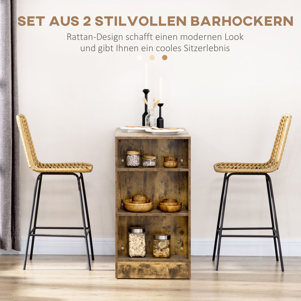 HOMCOM Barhocker 2er Set, Barstuhl mit Rattenoptik, Tresenhocker mit Rückenlehne