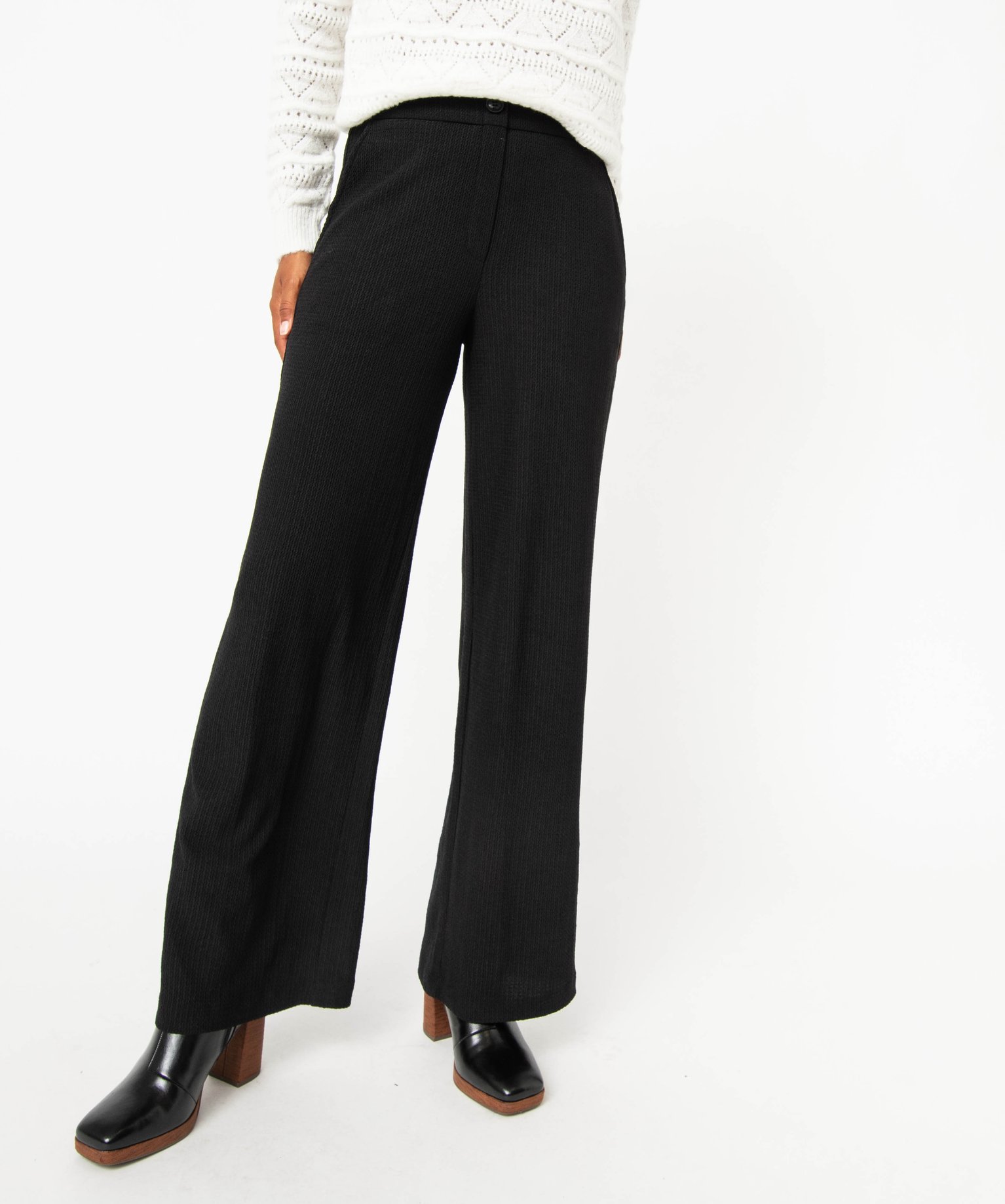 Pantalon large en maille texturée femme noir | GEMO