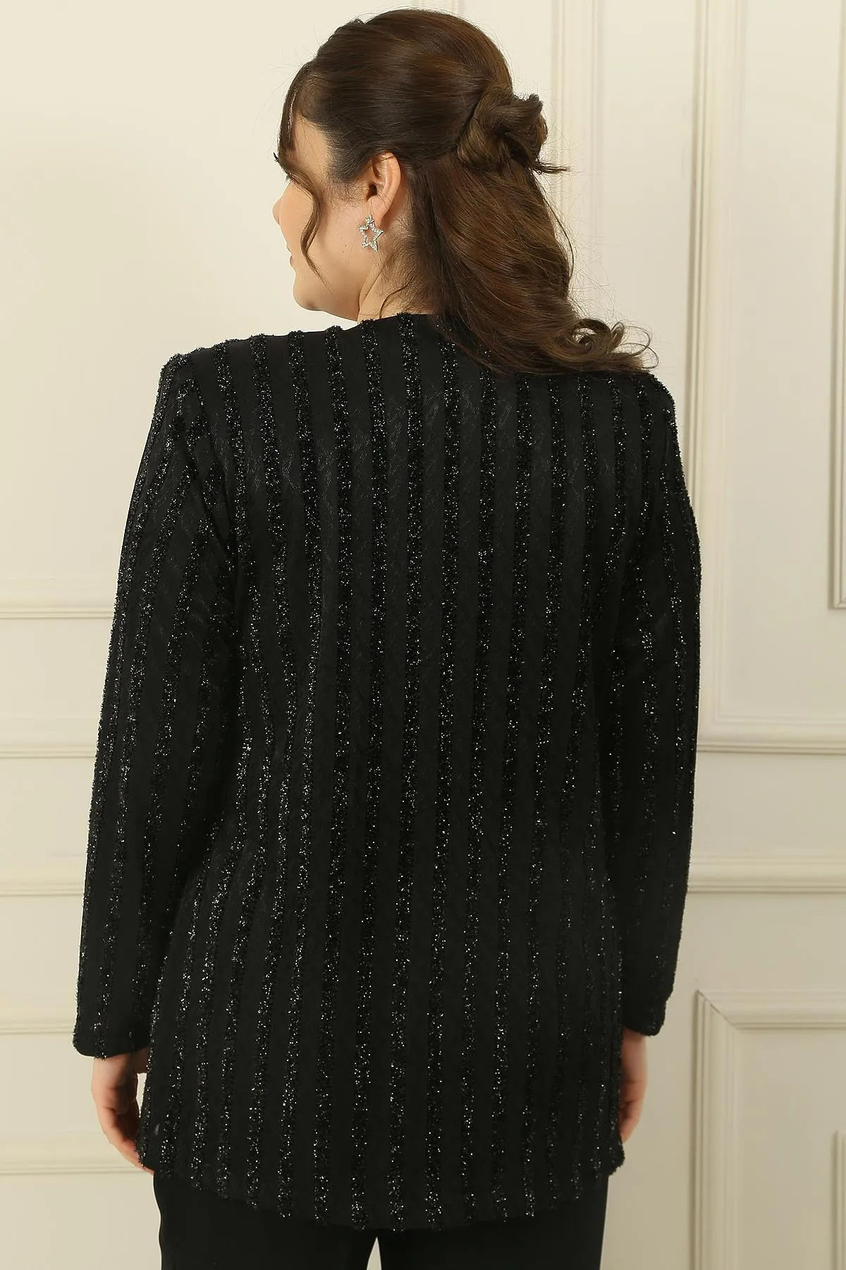 By Saygı  2-teiliges Set mit langärmeliger Bluse, Streifen und glitzerndem String, Jacke in Übergröße