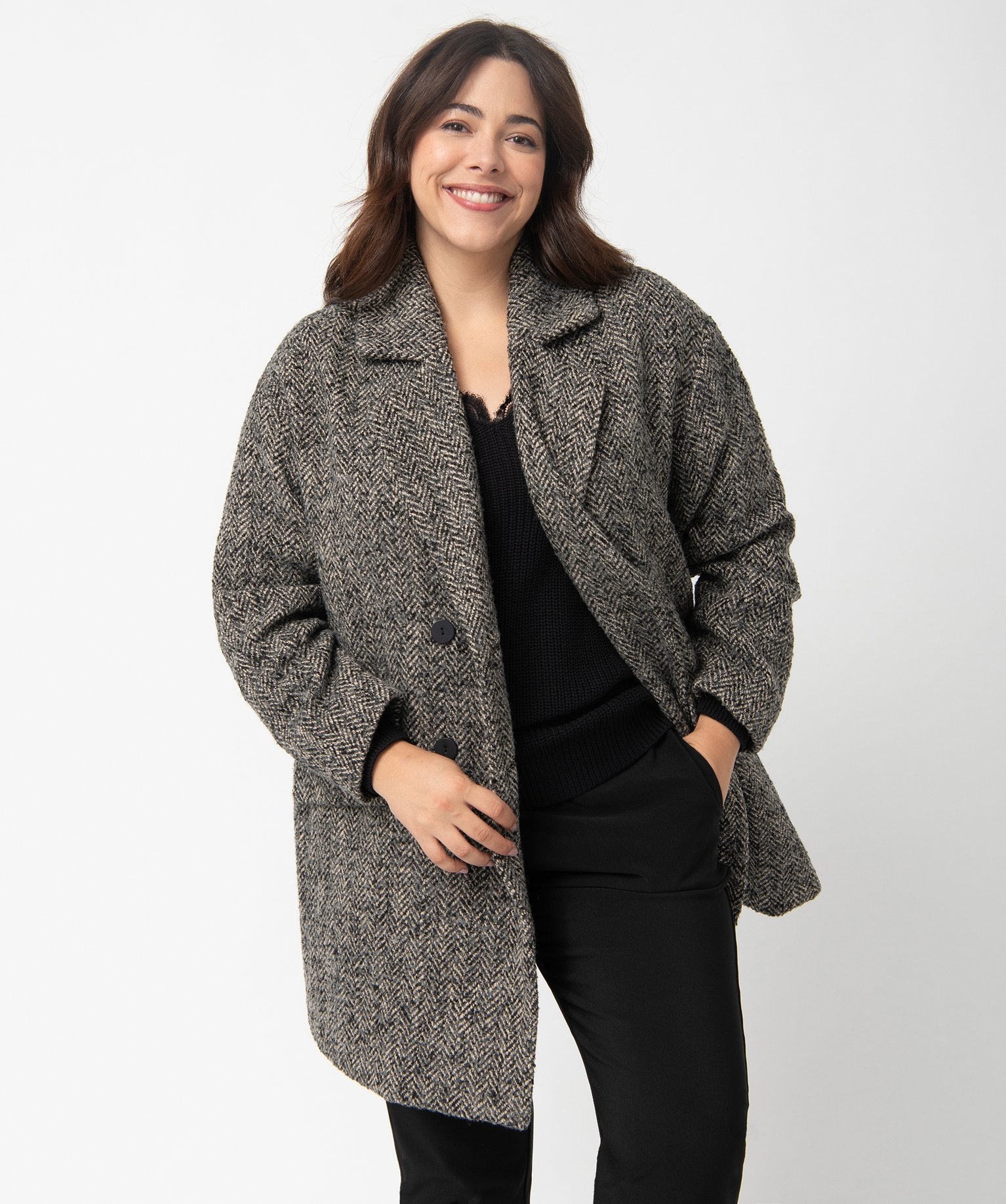 Manteau femme grande taille mi-long à chevrons beige | GEMO
