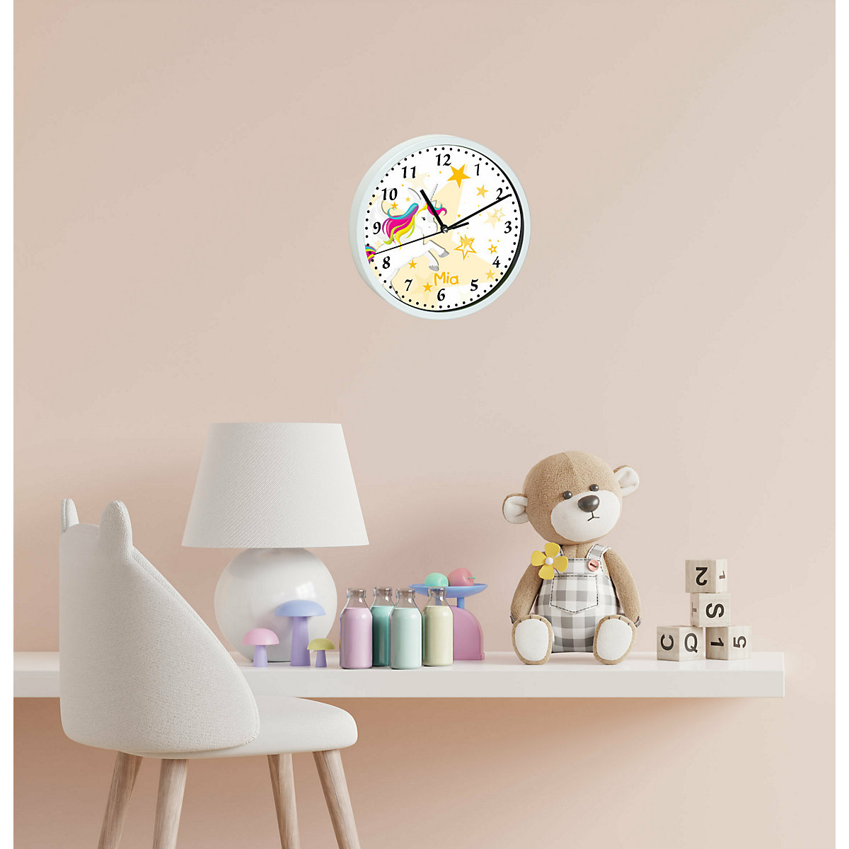 Kinder Wanduhr personalisiert mit Name Pegasus Sterne Gelb