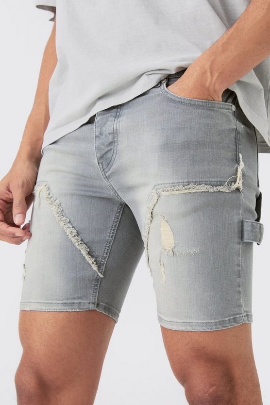 Zerrissene Skinny Stretch Jeansshorts in Antik-Grau