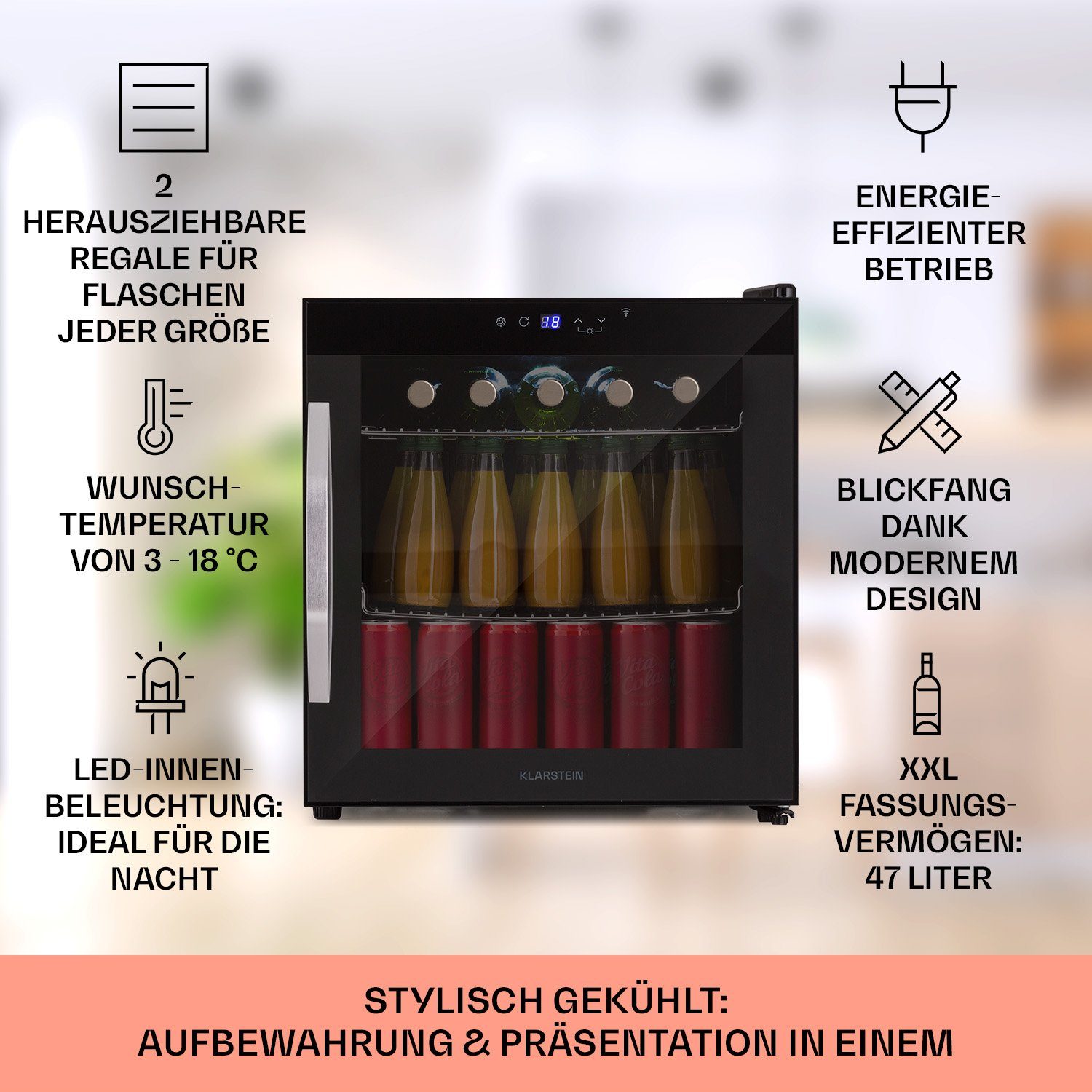 Klarstein Getränkekühlschrank HEA-Coachella50-OX 10034822A, 51 cm hoch, 47.5 cm breit, Bierkühlschrank Getränkekühlschrank Flaschenkühlschrank mit Glastür