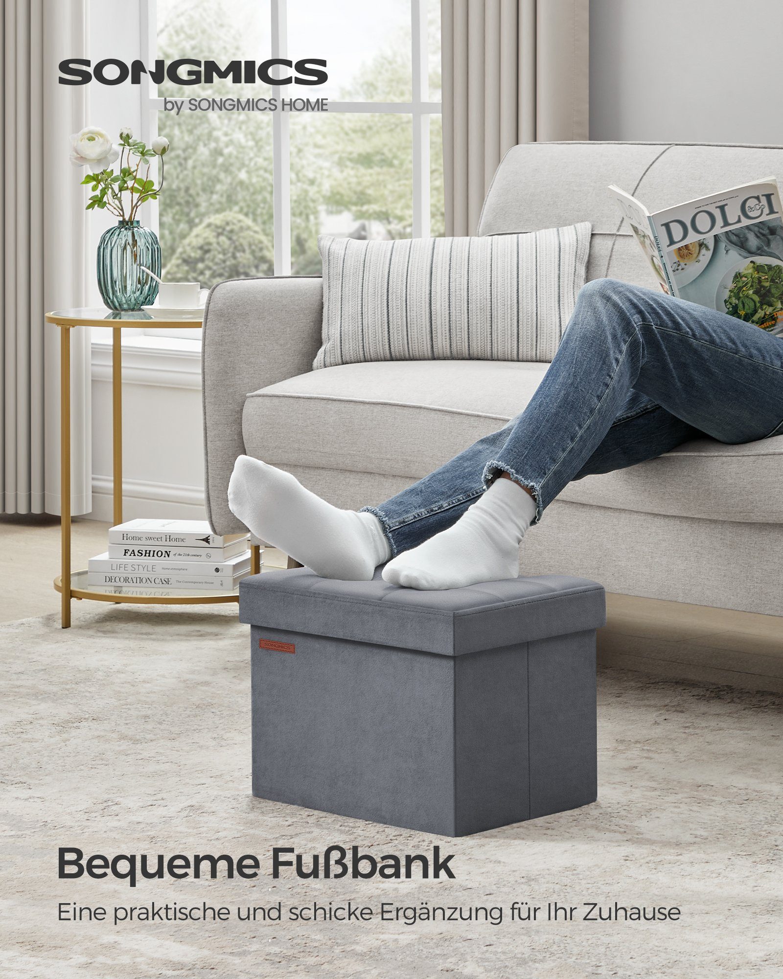 SONGMICS Sitzhocker, Aufbewahrungsbox mit Deckel, bis 130 kg belastbar