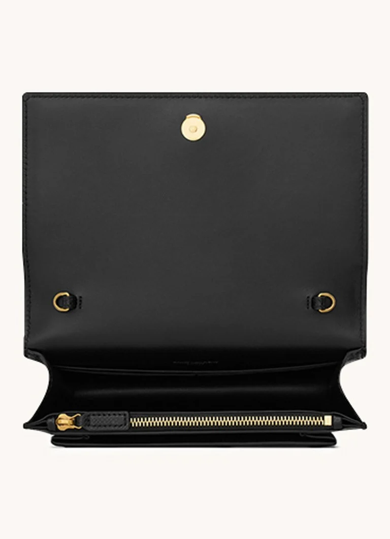 Saint Laurent Sunset wallet with calfskin details and shoulder strap