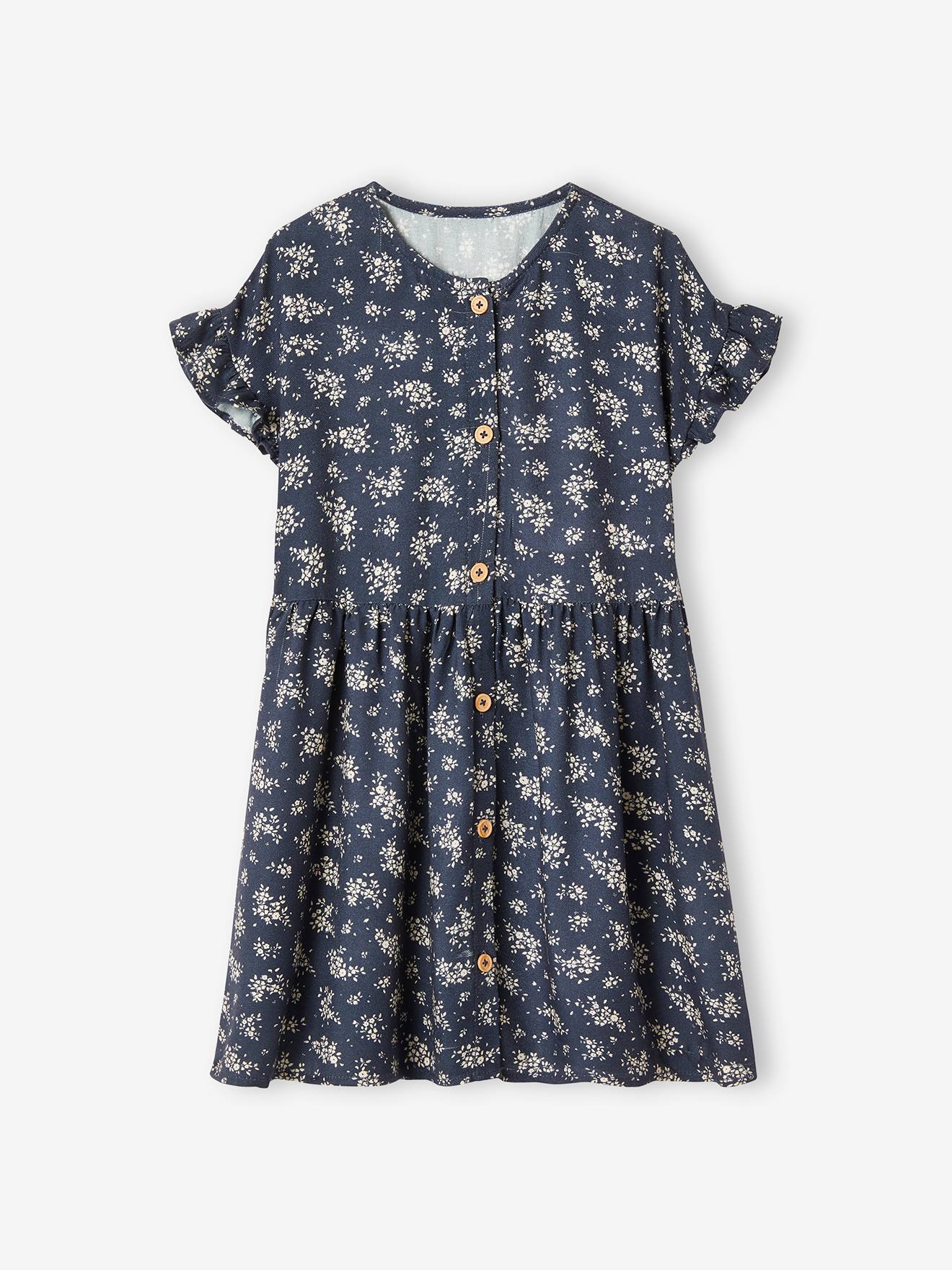 Vertbaudet Mädchen Kleid, Blumen Oeko-Tex - marine