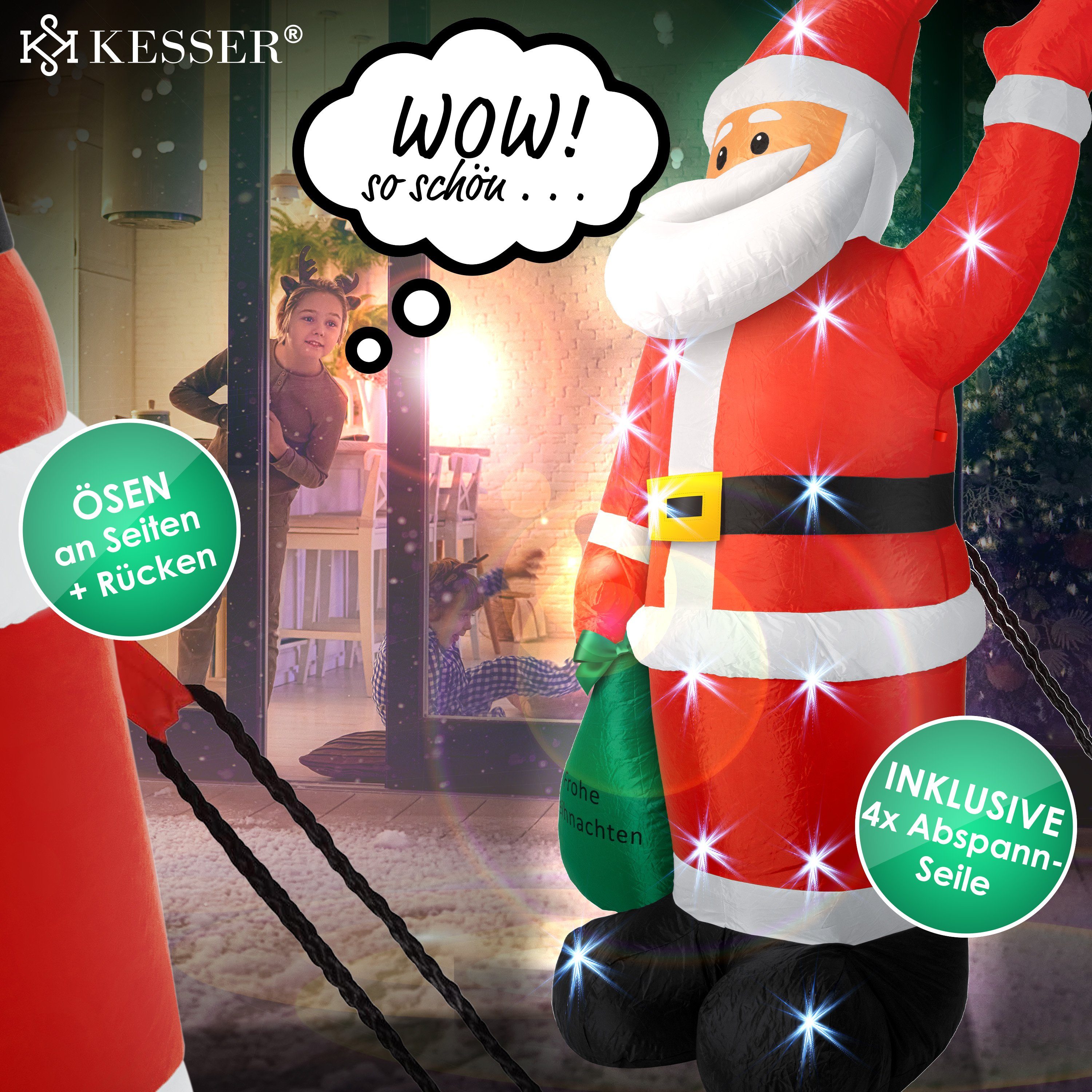KESSER Weihnachtsfigur, Aufblasbarer Weihnachtsmann XXL LED beleuchtet + Befestigung