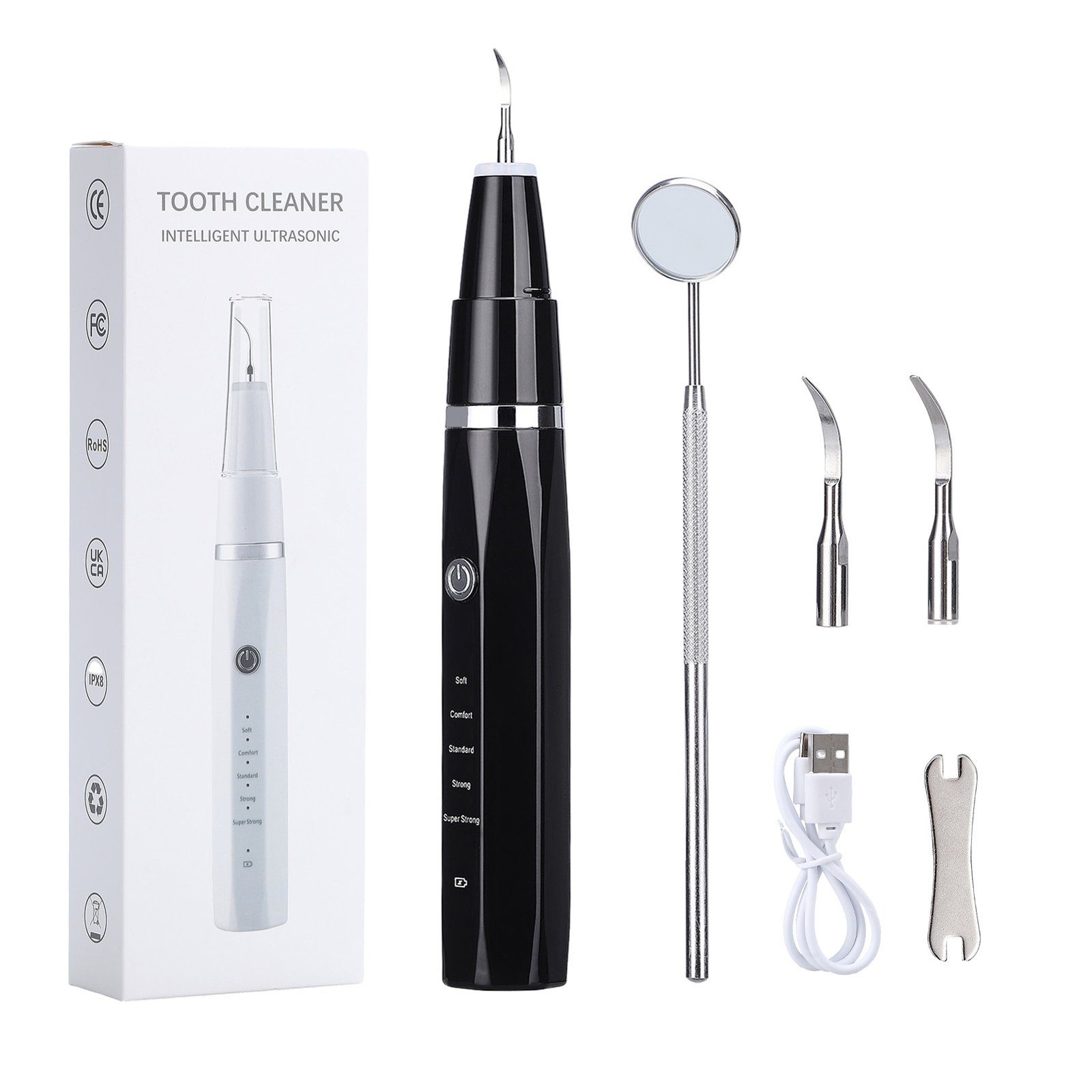 SEEZSSA Zahnpflege-Set Zahnreinigungsset Munddusche mit 5Modi Einstellbar mit LED,Schwarz, Zahnsteinentferner1500 mAh Kabelloser Ultraschall-Zahnreiniger