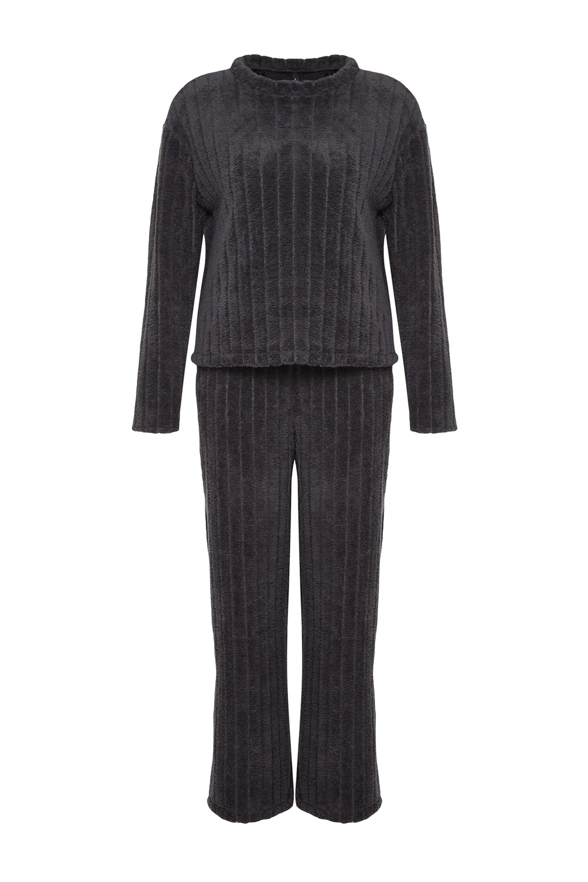 Trendyol Collection  Anthrazitfarbenes Wellsoft-Pyjama-Set aus T-Shirt und Hose aus Strick THMAW24PT00042