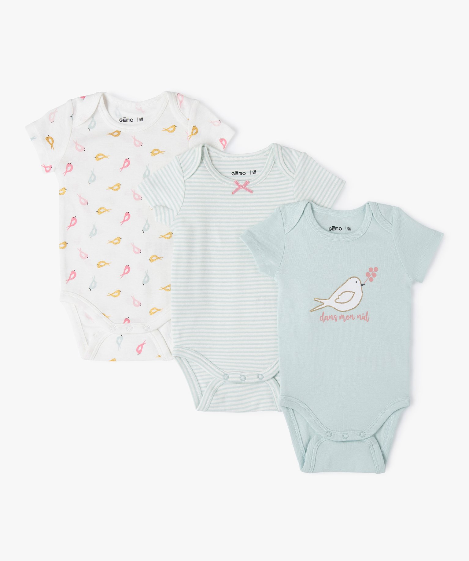 Bodies bébé manches courtes à motif oiseaux (lot de 3) ecru | GEMO