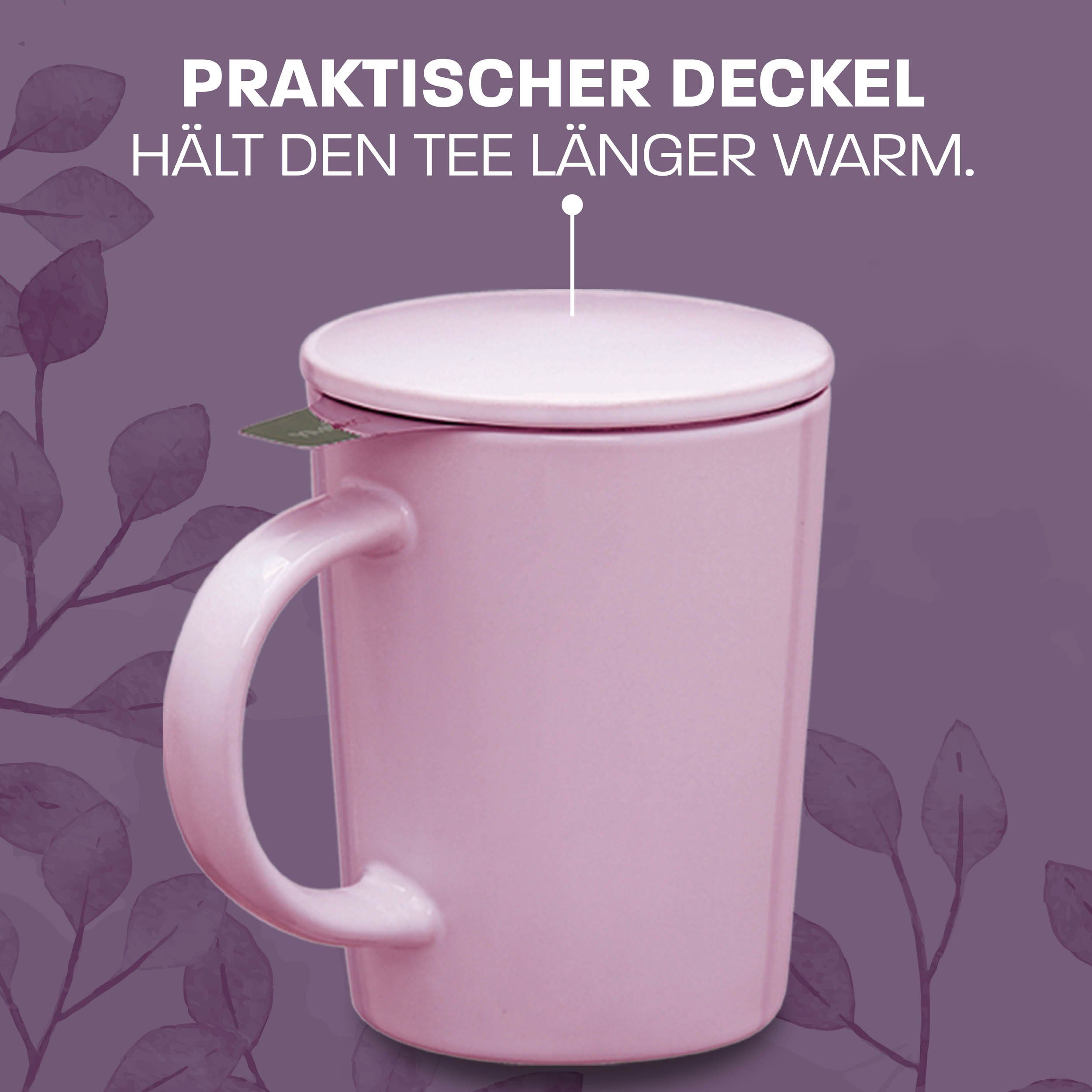 Cosumy Teeglas Teetasse mit Sieb und Deckel 400ml - Jumbotasse, Porzellan, Hält Lange warm - 400 ml Groß - Spülmaschinenfest