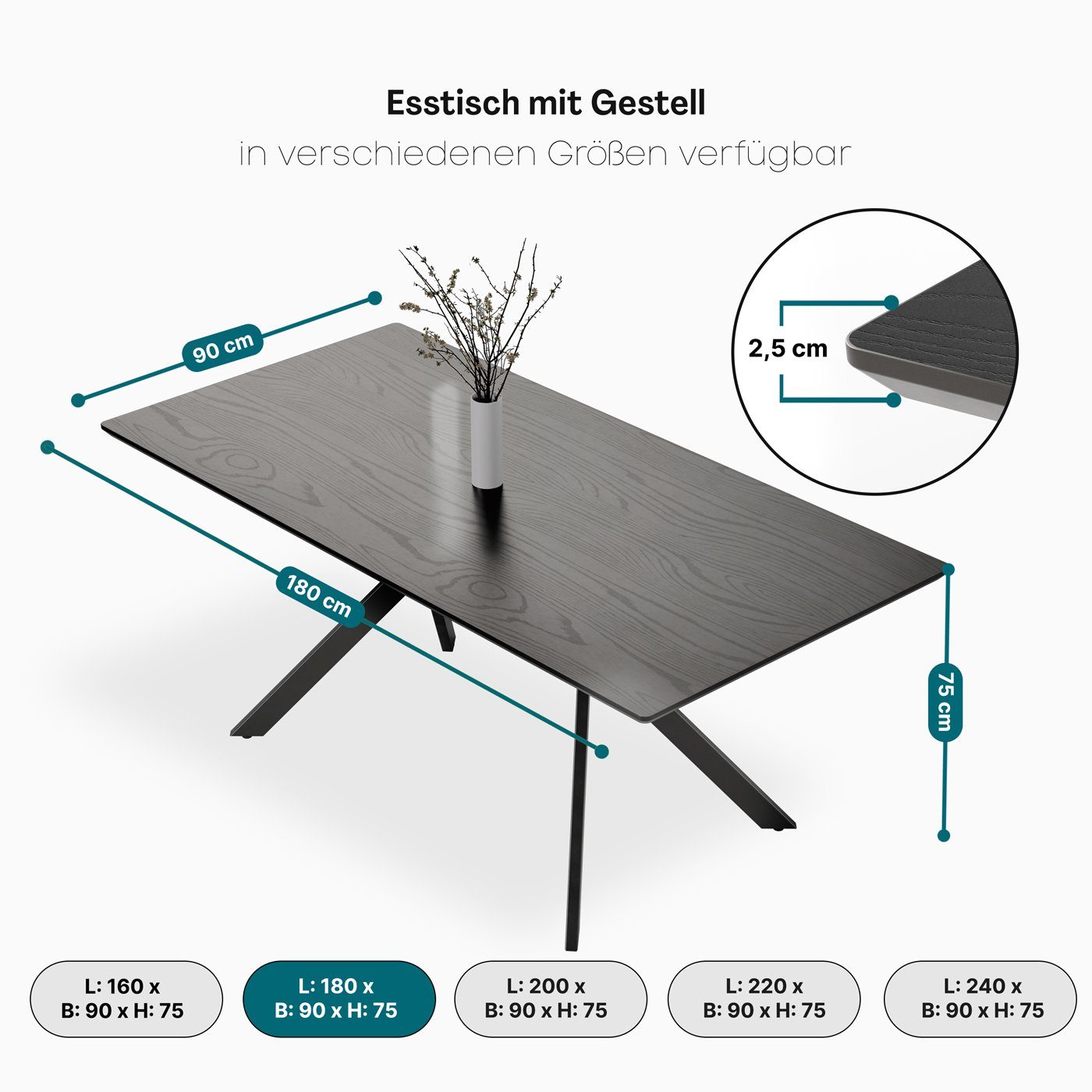 KMH Esstisch Esstisch *Tammo* (schwarz) 180x90 cm (201215)
