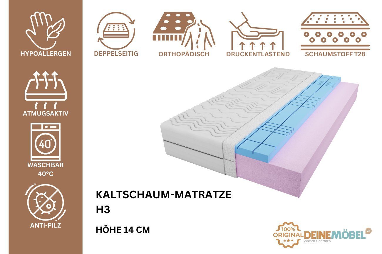 Kaltschaummatratze Härtegrad H3 Kaltschaum-Matratze mit Würfelschnitt Polyurethanschaum, Deine Möbel 24, (Set, 80x200 90x200 100x200 120x200 140x200 160x200 180x200 14 cm), Doppelseitig, Top Qualität, für Erwachsene und Jugendliche