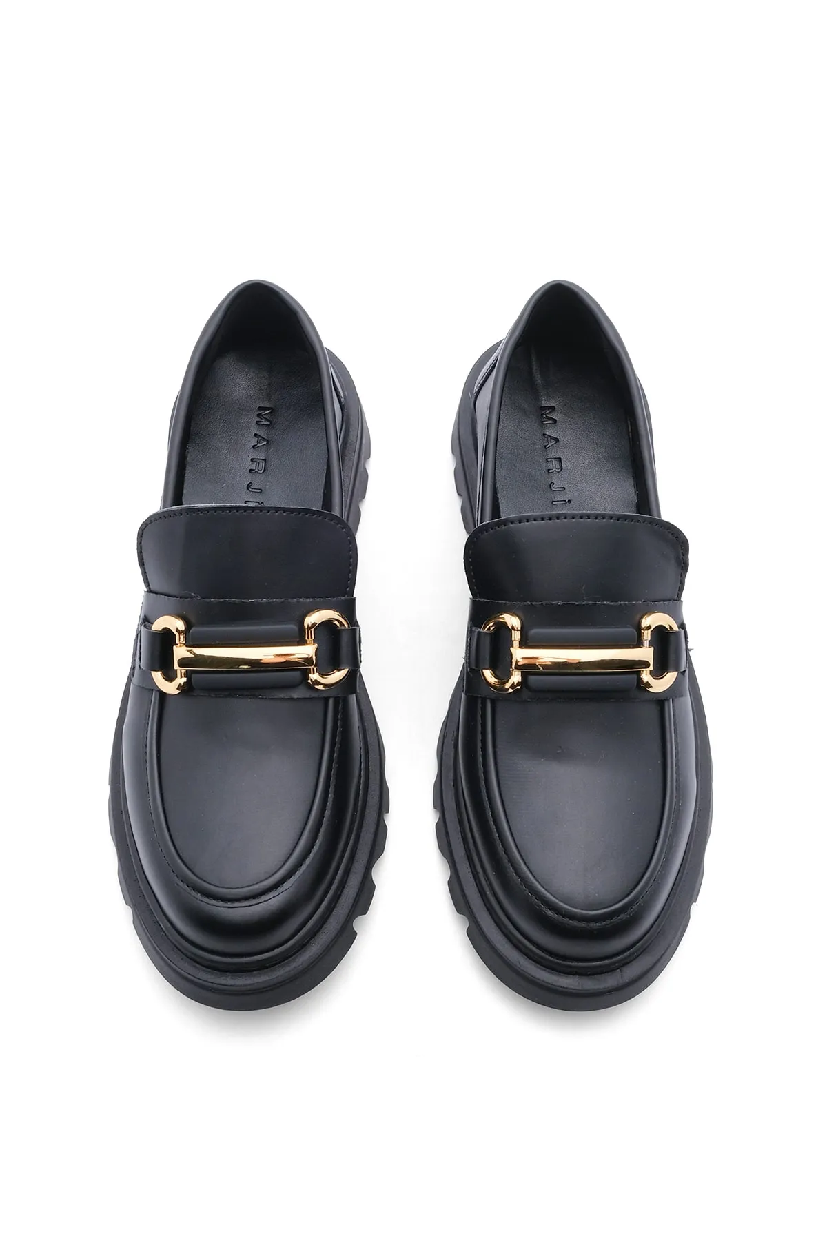 Marjin  Damen Loafer Dicke Sohle Kette Freizeitschuhe Yones Schwarz