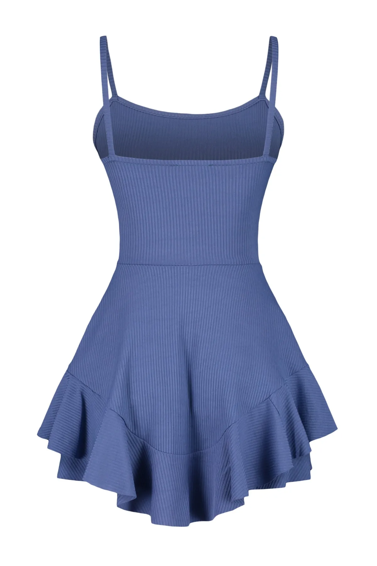 Trendyol Collection  Indigoblau bedruckter Mini-Strick-Jumpsuit mit Riemchenvolant und Shorts TWOSS23TU00044