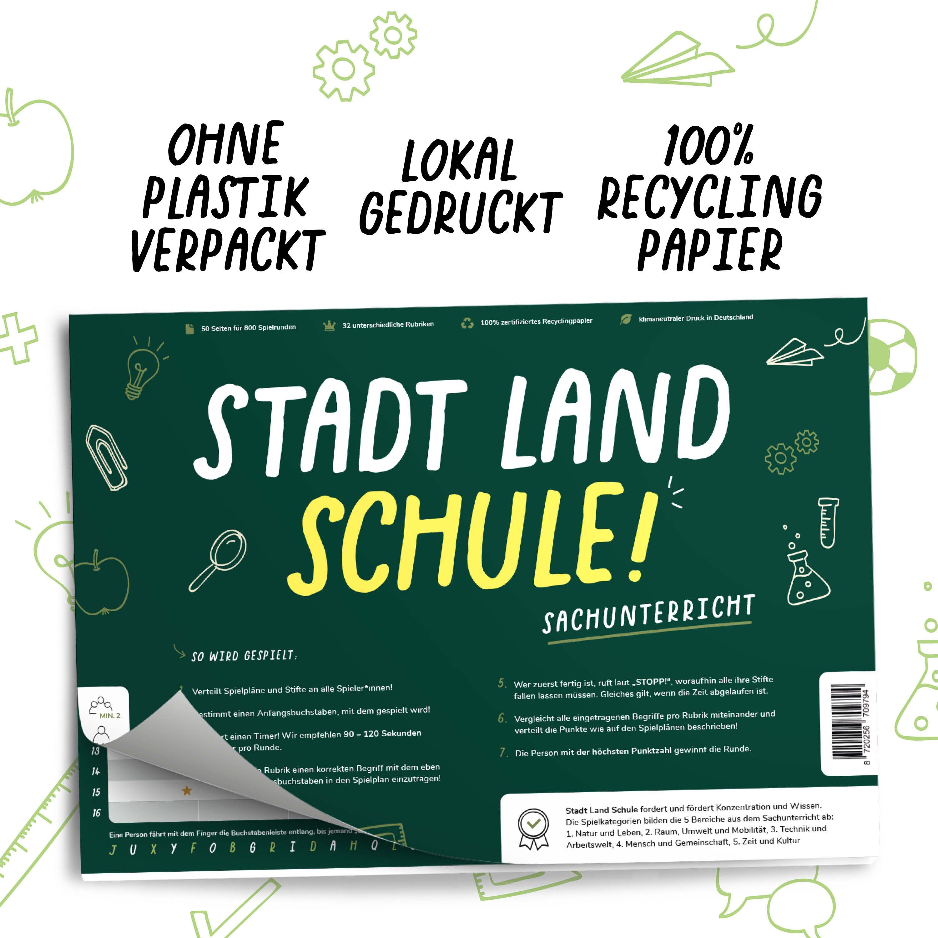Pihu Spiel, Lernspiel STADT LAND SCHULE (SACHUNTERRICHT), Lernspiel für den Sachunterricht, Klimaneutral gedruckt