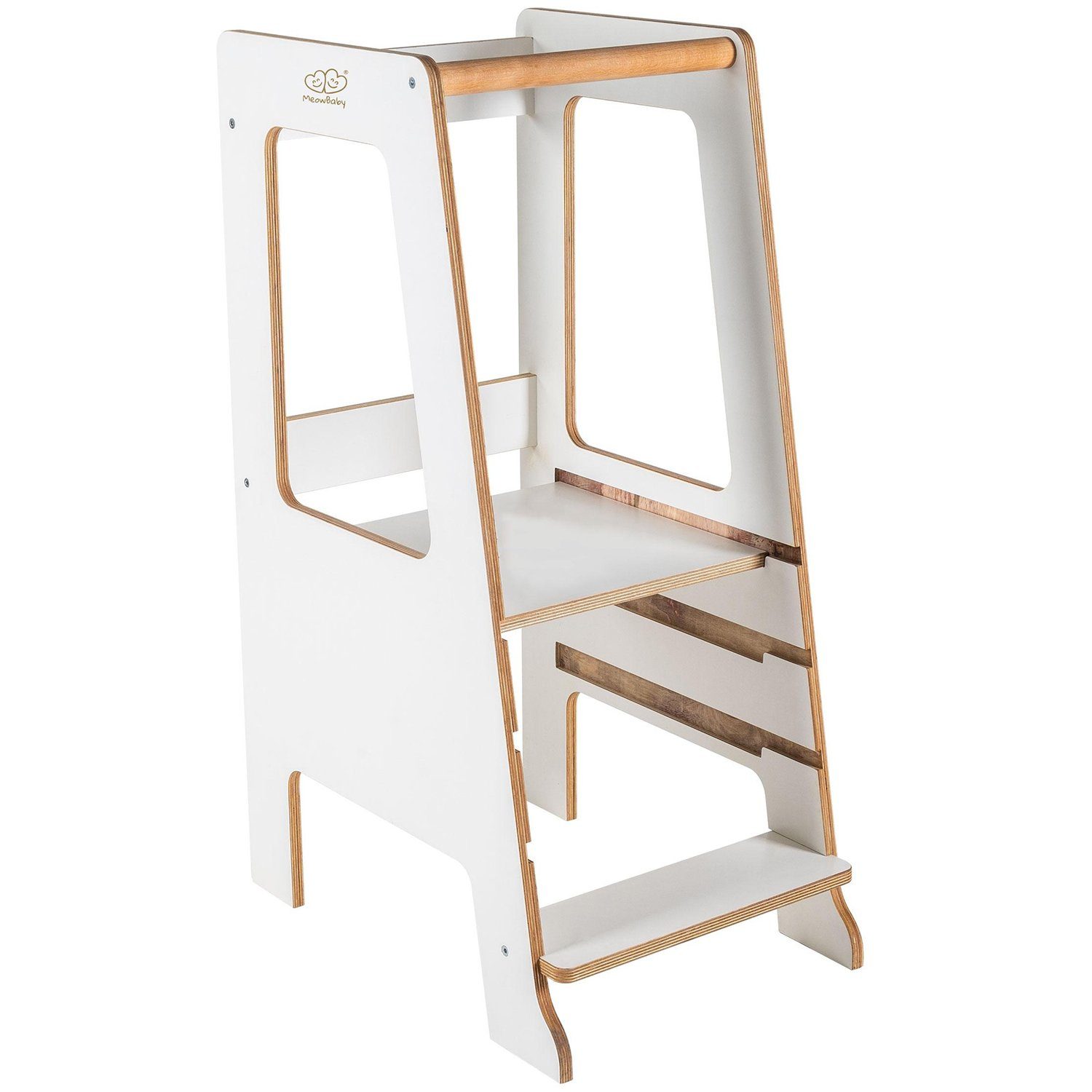 MeowBaby Stehhilfe Lernturm für Kinder Montessori Lernstuhl Scandi Weiß (1 St), Kinderhocker, Höhenverstellbar, Abgerundete Ecken & Kanten