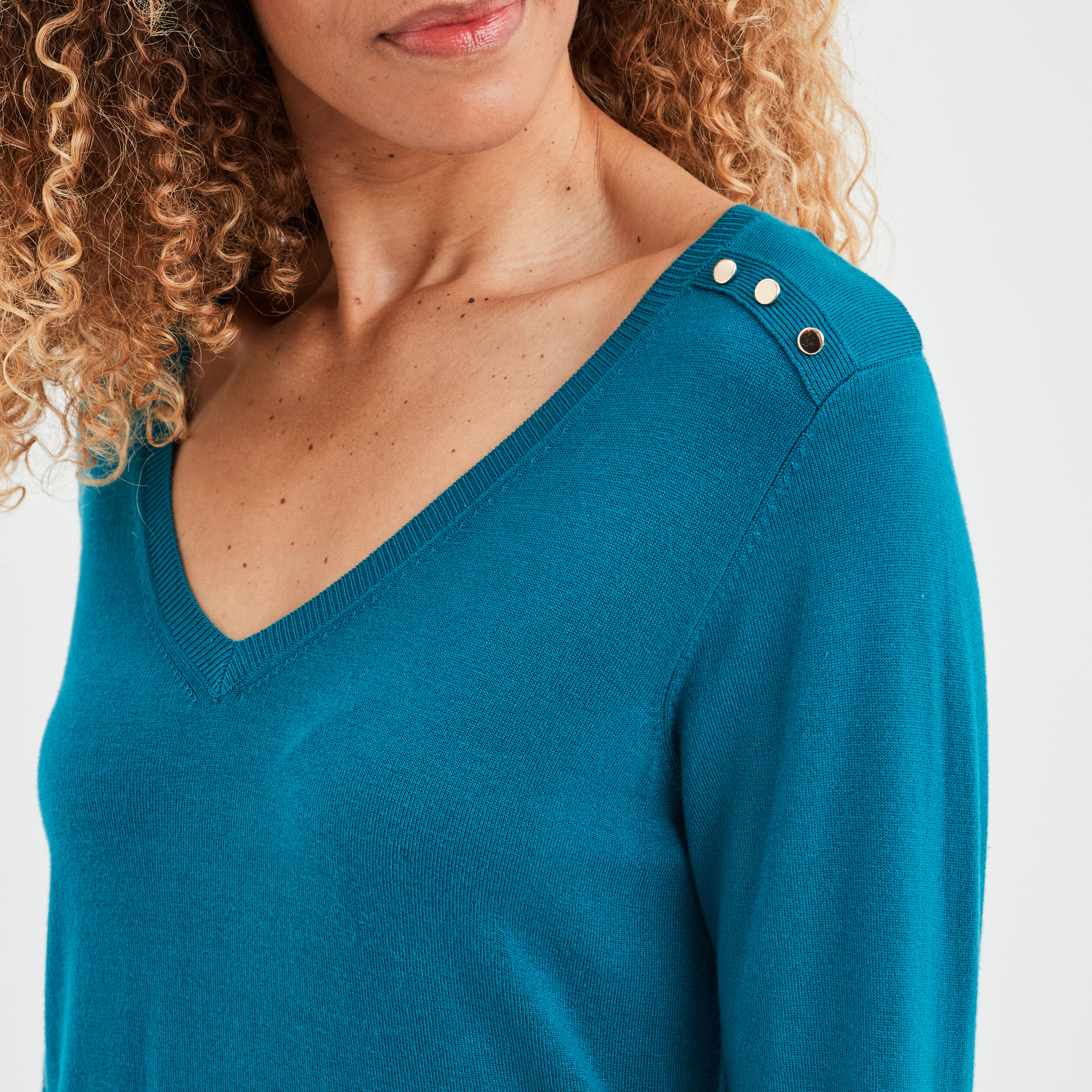 Pull col en V détails ajourés bleu canard femme | La Halle