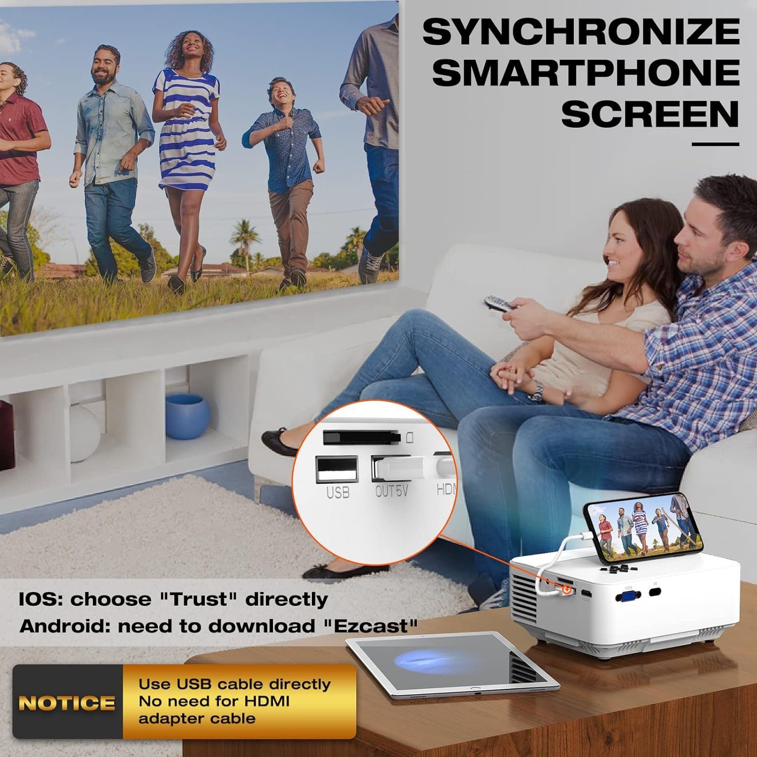 TOPVISION Minii mit Screen Mirroring Full HD 1080P Video Portabler Projektor (7000 lm, 9000:1, 1920 x 1080 px, mit 240