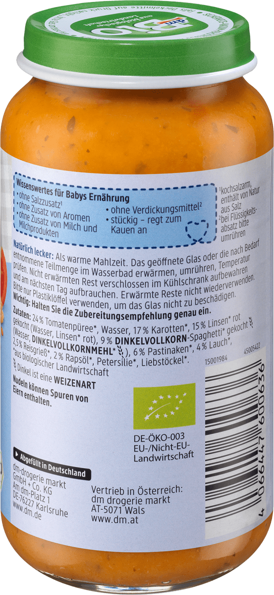 Menü Dinkelspaghetti mit Linsenbolognese, ab dem 12.Monat, 250 g