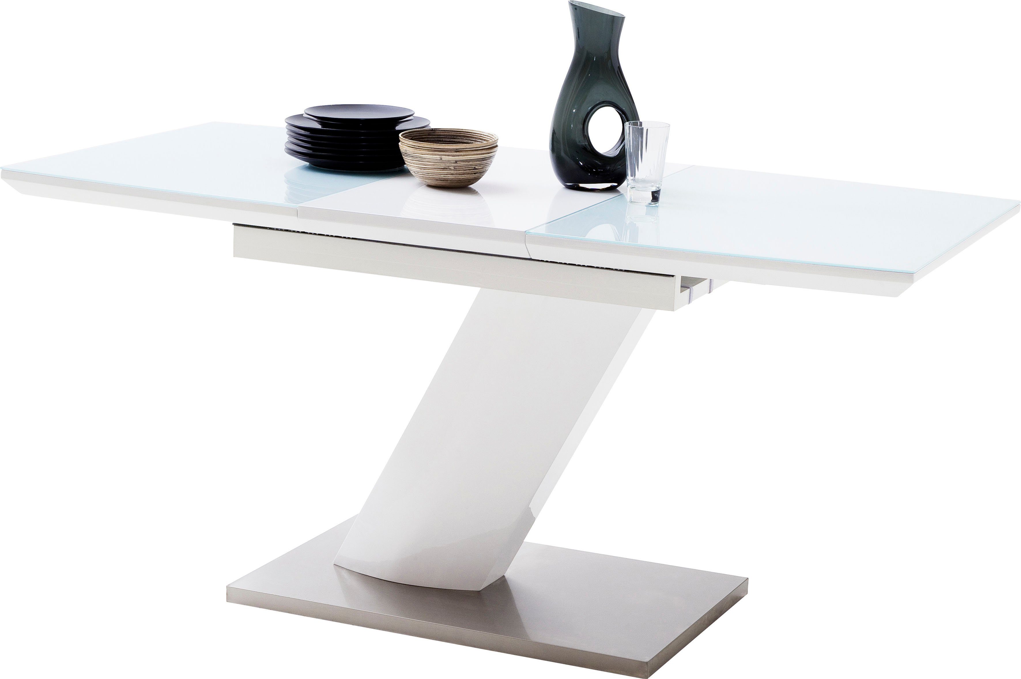 MCA furniture Esstisch Galina, Bootsform in weiß mit Synchronauszug vormontiert, Sicherheitsglas