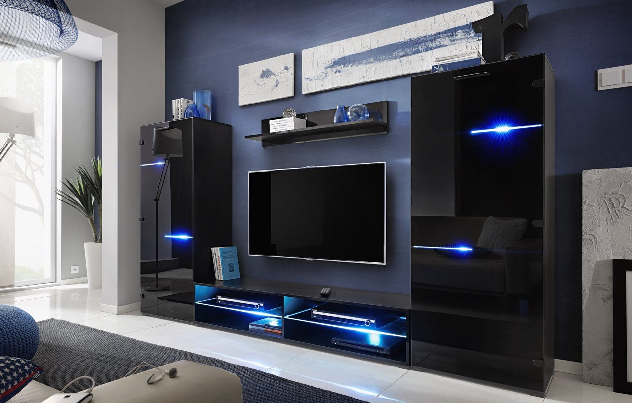 Domando Wohnwand Wohnwand Frosinone in Schwarz Matt und Anthrazit Hochglanz, Breite 280cm, dunkel getönte Glasfronten, RGB LED Beleuchtung