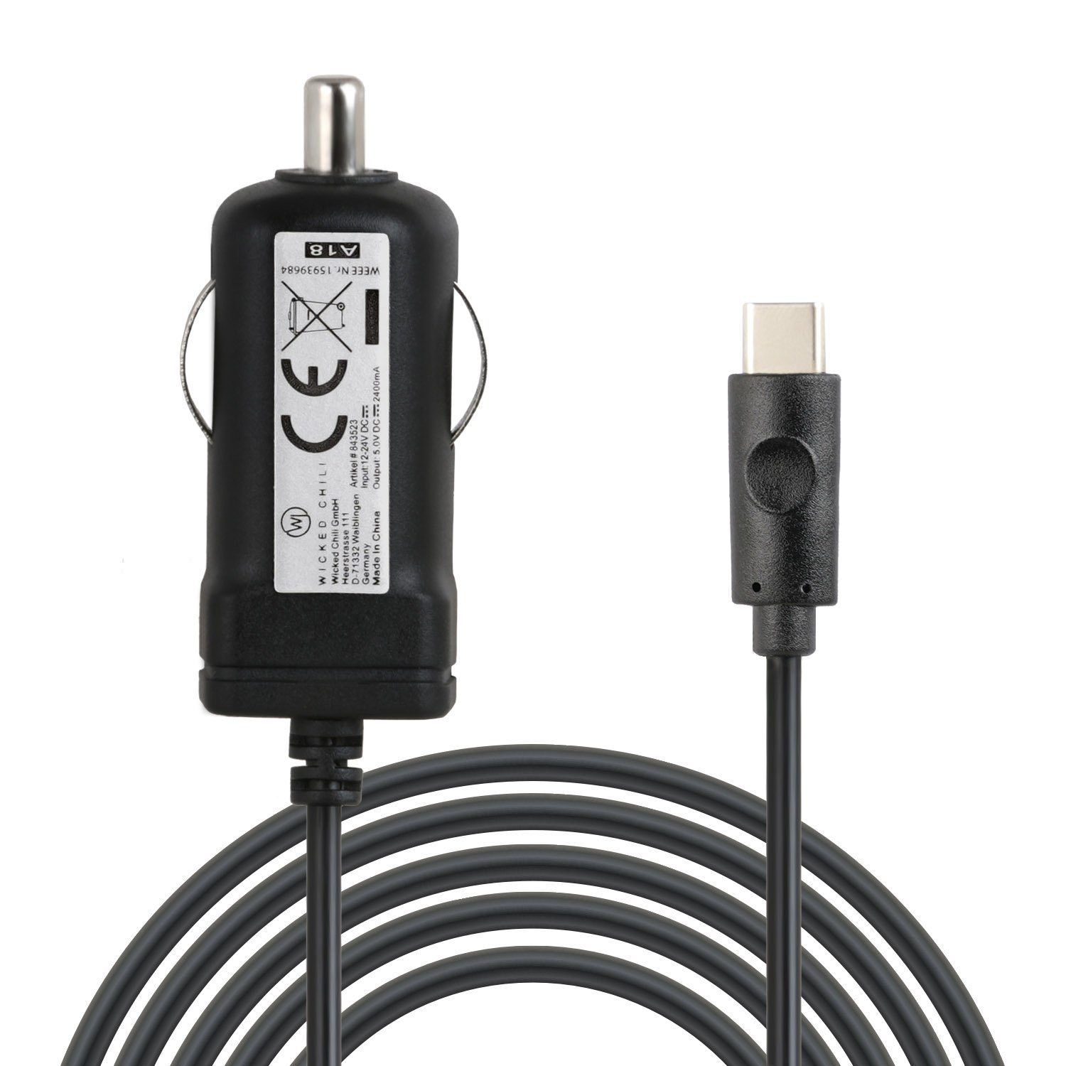 Wicked Chili 1,5m KFZ USB-C Ladekabel für Samsung Sony Huawei Xiaomi Auto-Adapter Zigarettenanzünder-Stecker zu USB-C, 150 cm, LED Licht, KFZ USB Ladegerät mit Typ C Stecker (150cm, 2.4A) kompatib