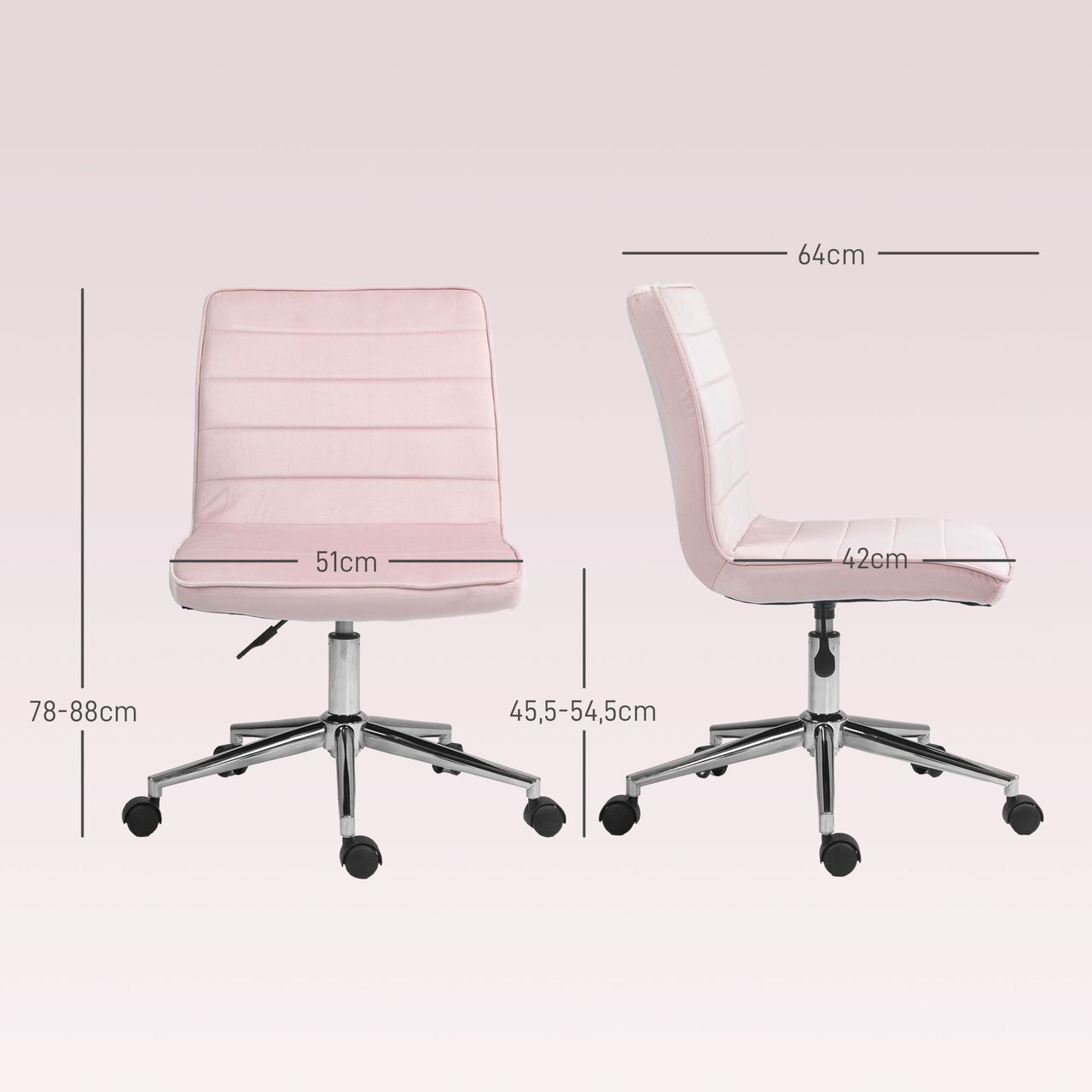 HOMCOM Bürostuhl, Höhenverstellbar Schreibtischstuhl ohne Armlehne, Rosa