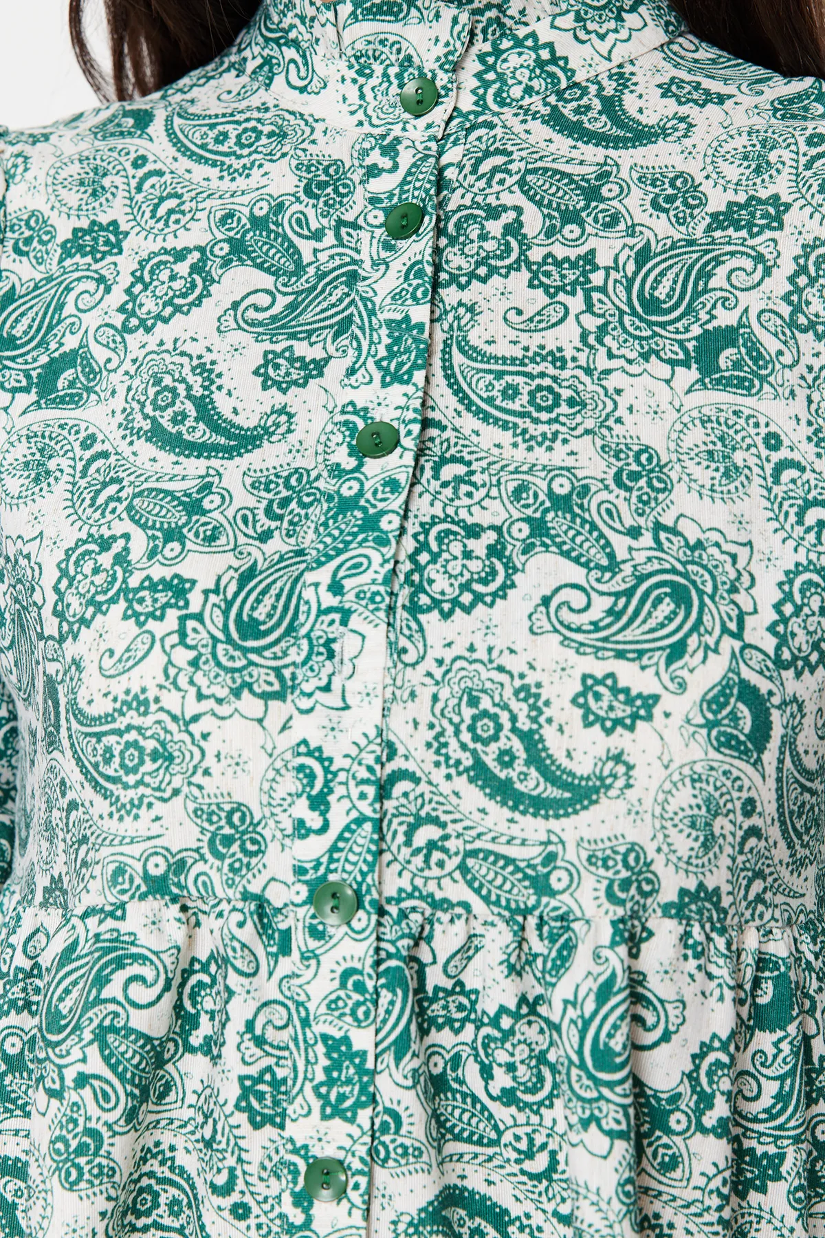 Trendyol Modest  Blaues, gewebtes Hemdkleid mit ethnischem Muster und vorherrschendem Kragen in Leinenoptik TCTSS23EB00286