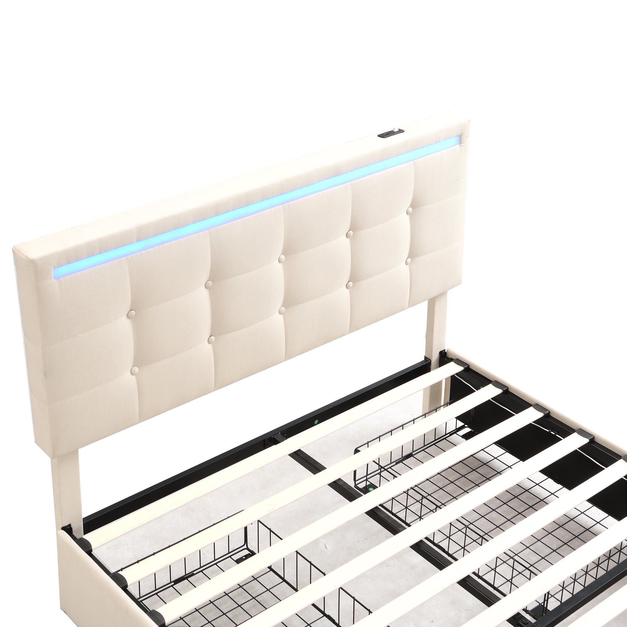 WISHDOR Polsterbett Gästebetten Doppelbetten Bett Polsterbett Heim-Betten140*200 (mit 4 Schubladen und 2 USB-Ladestationen, Bettrahmen mit LED-Leuchten Kopfteil Trittteil, gepolstertes Plattformbett mit Stauraum), Kopfteil höhenverstellbar, ohne Matr