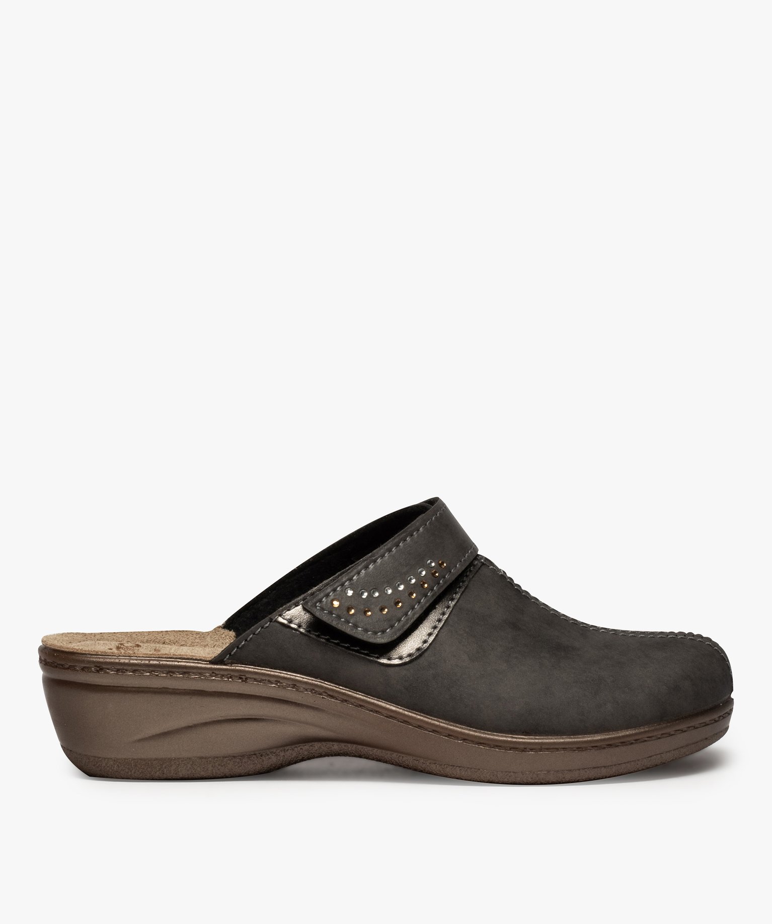 Sabots femme confort dessus ajustable orné de strass gris fonce | GEMO