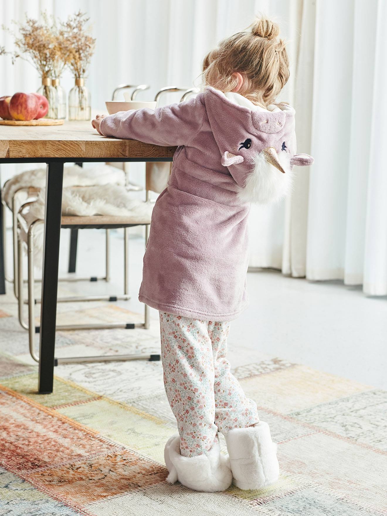 Robe de chambre licorne fille en maille peluche rose mauve