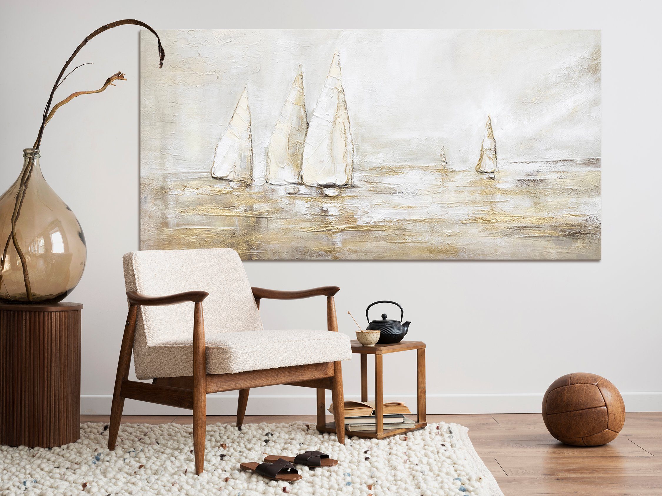 YS-Art Gemälde Sonnenblendung, Landschaftsbilder, Gold Segelboote Meer Wasser Leinwand Bild Handgemalt
