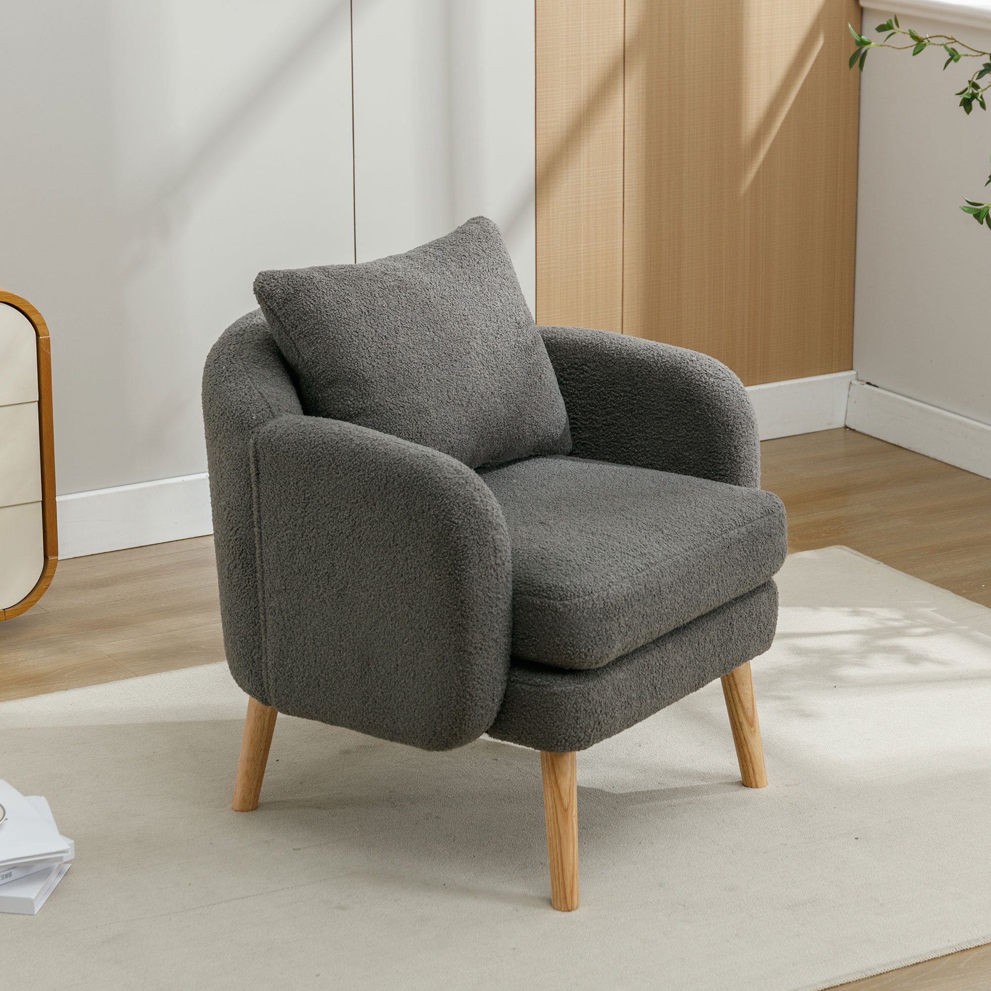 OKWISH Sessel Polstersessel Armlehnensessel Freizeitsessel Einzelsessel Loungesessel (mit Kissen, Sessel mit extra dickem Kissen, Beine aus Massivholz), Moderner, schlichter Teddy-Samtstuhl