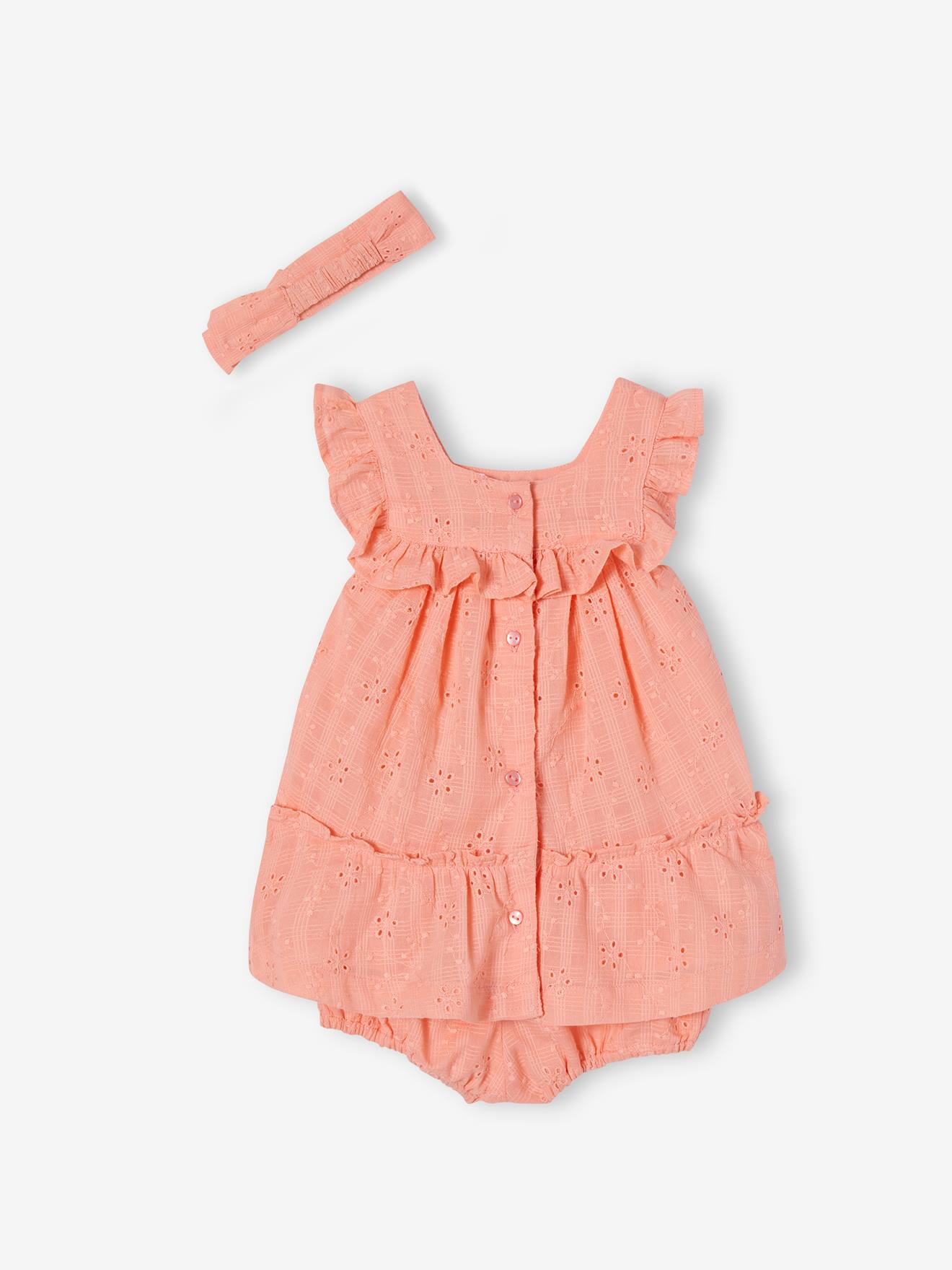 Vertbaudet Mädchen Baby-Set: Kleid, Höschen & Haarband - koralle