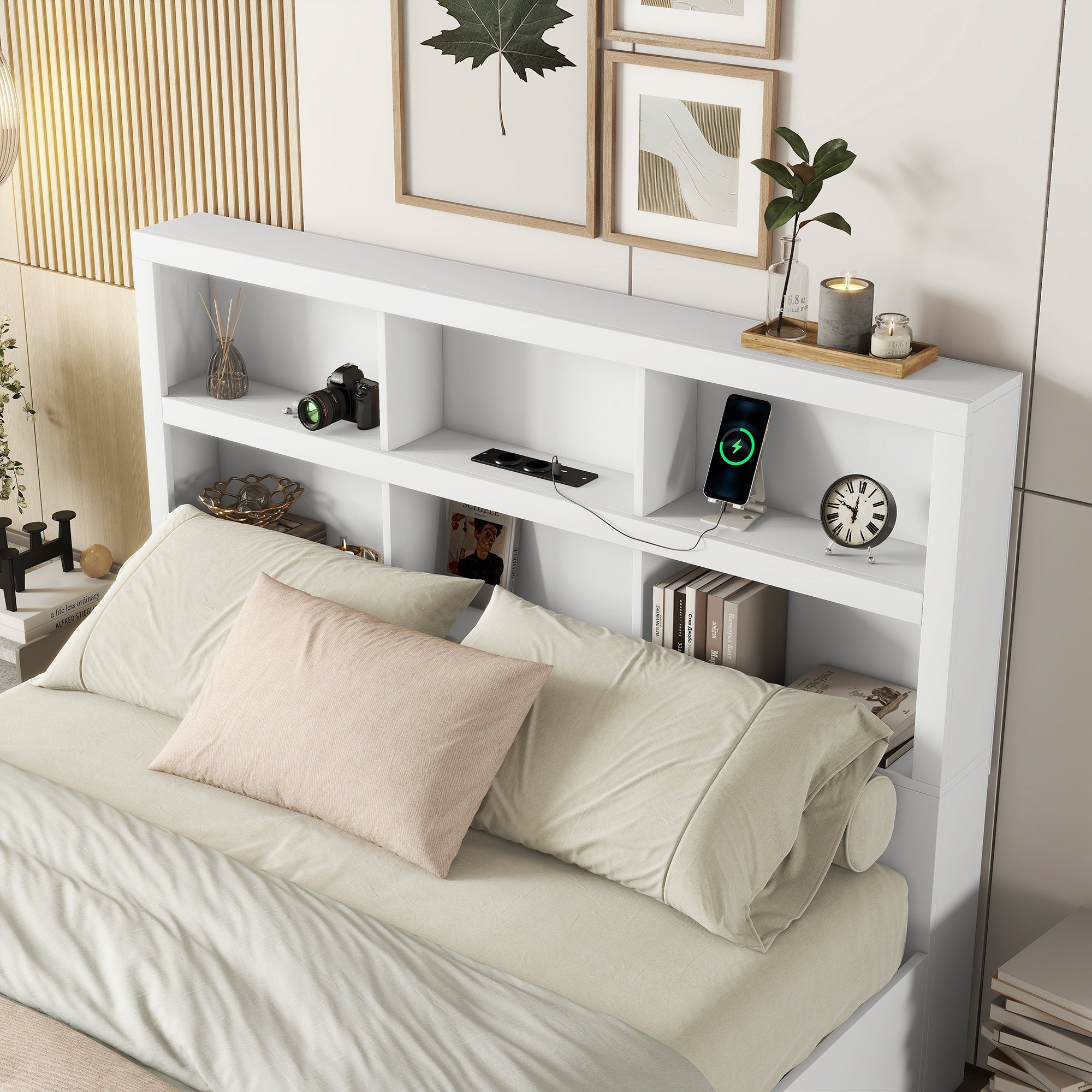 HAUSS SPLOE Holzbett Doppelbett Bettgestell Kinderbett Gästebett (Holzbett mit zwei Schubladen und Kopfteil mit Lagerregal), 160*200cm, Weiß