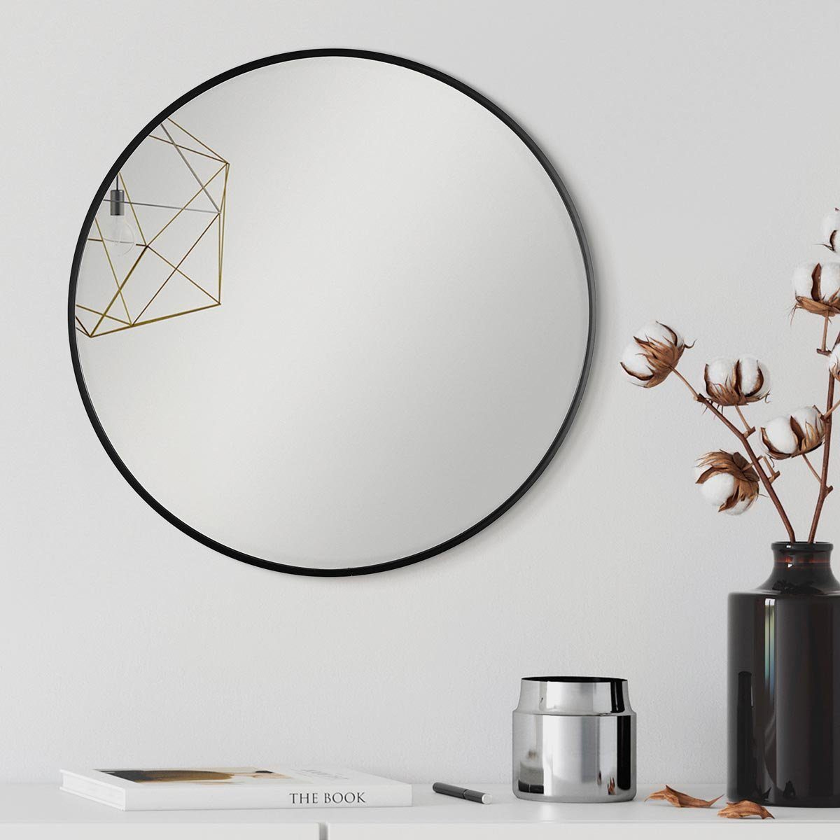 PHOTOLINI Spiegel rund mit Metallrahmen, eleganter Wandspiegel, schmaler Rahmen