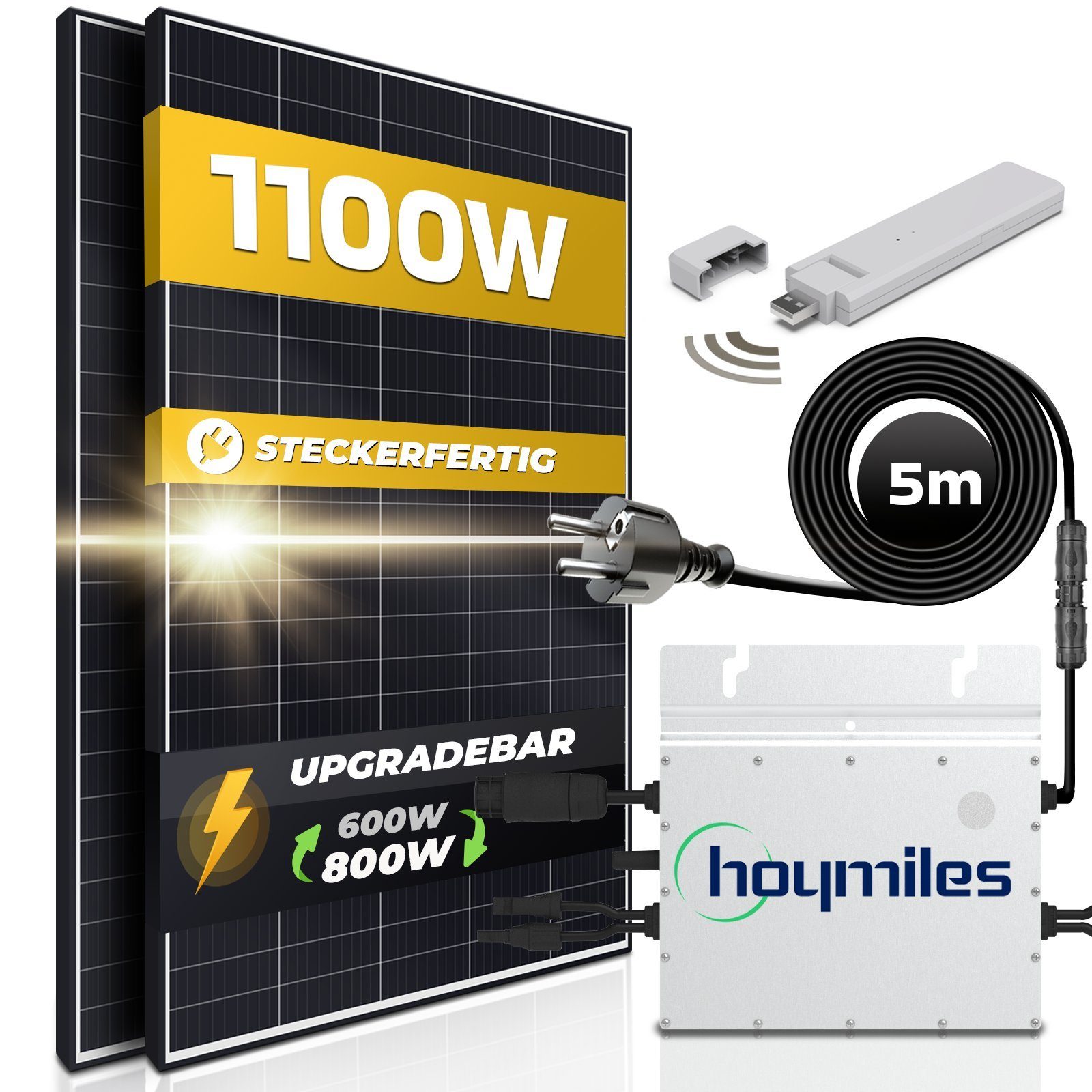 SUNNIVA Solaranlage Balkonkraftwerk 1100W, 800,00 W, Monokristallin, (HOYMILES Wechselrichter (drosselbar auf 600W oder 800W), Solaranlage Komplettset mit 5m Anschlusskabel für Schuko Steckdose, Balkon Mini-PV Anlage mit WIFI APP und Stromerzeugung M