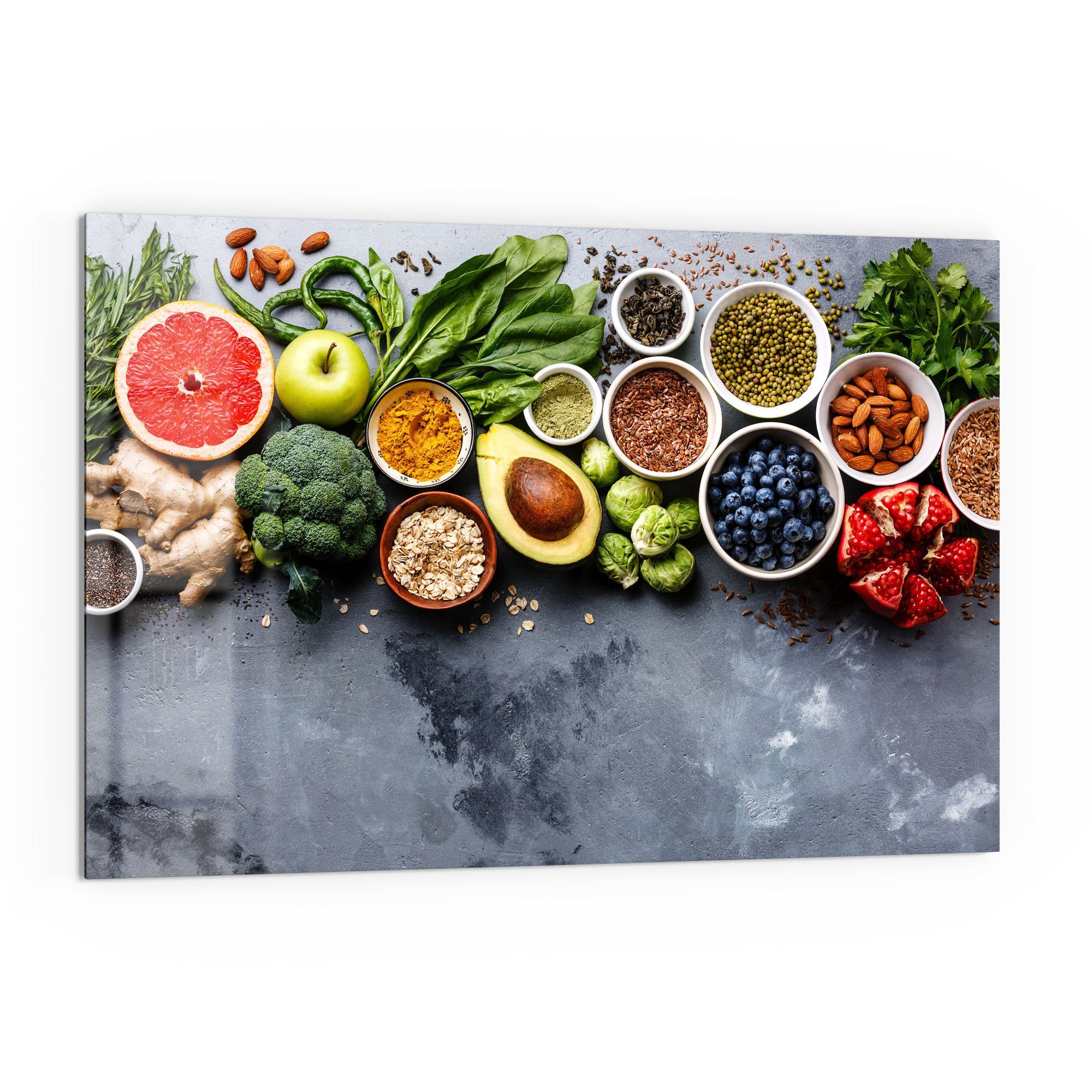 DEQORI Küchenrückwand 'Auswahl an Superfood', Glas Spritzschutz Badrückwand Herdblende