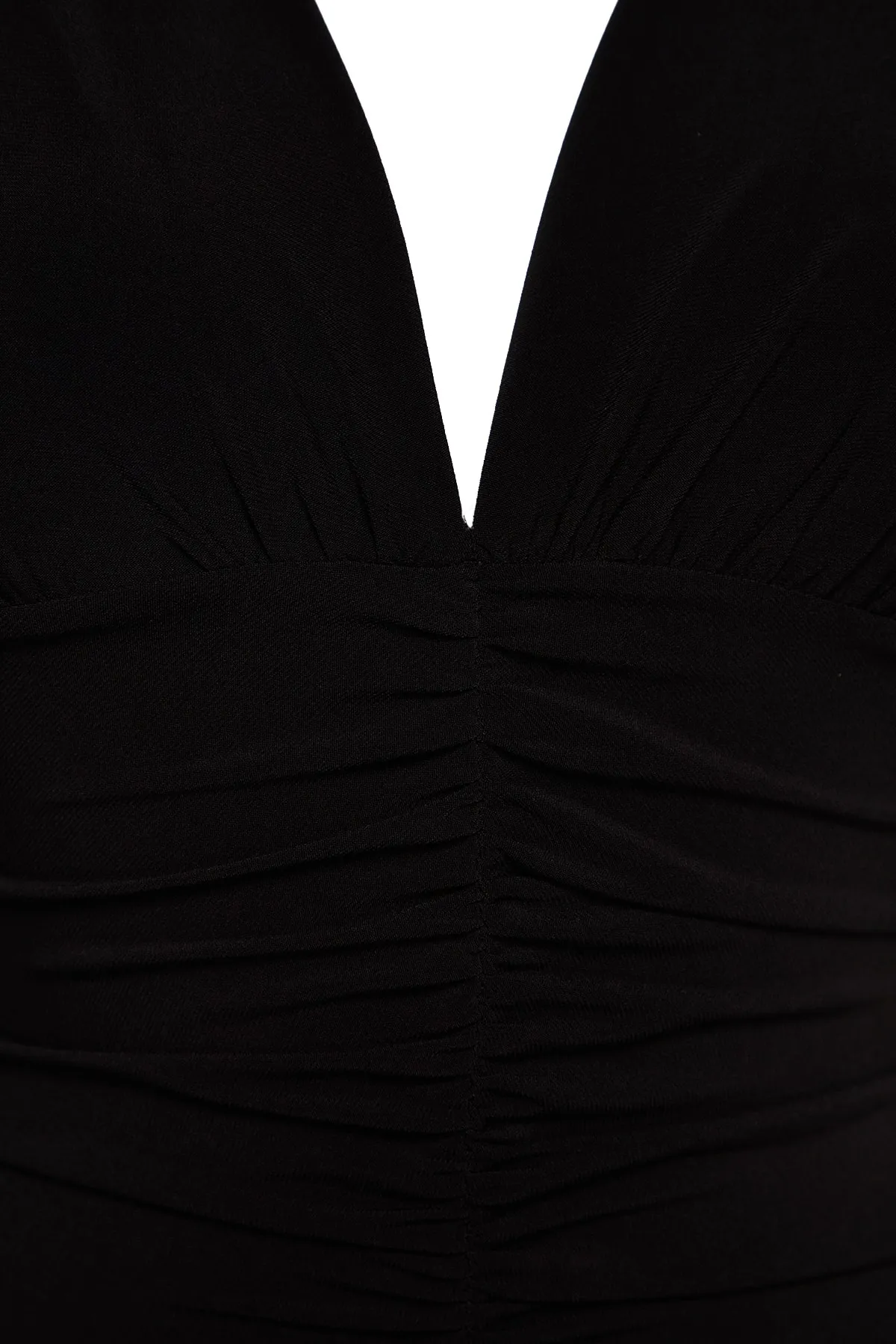 Trendyol Collection  Schwarzes drapiertes V-Ausschnitt tailliertes/tailliertes flexibles Midi-Strick-Bleistiftkleid TWOAW24EL00197