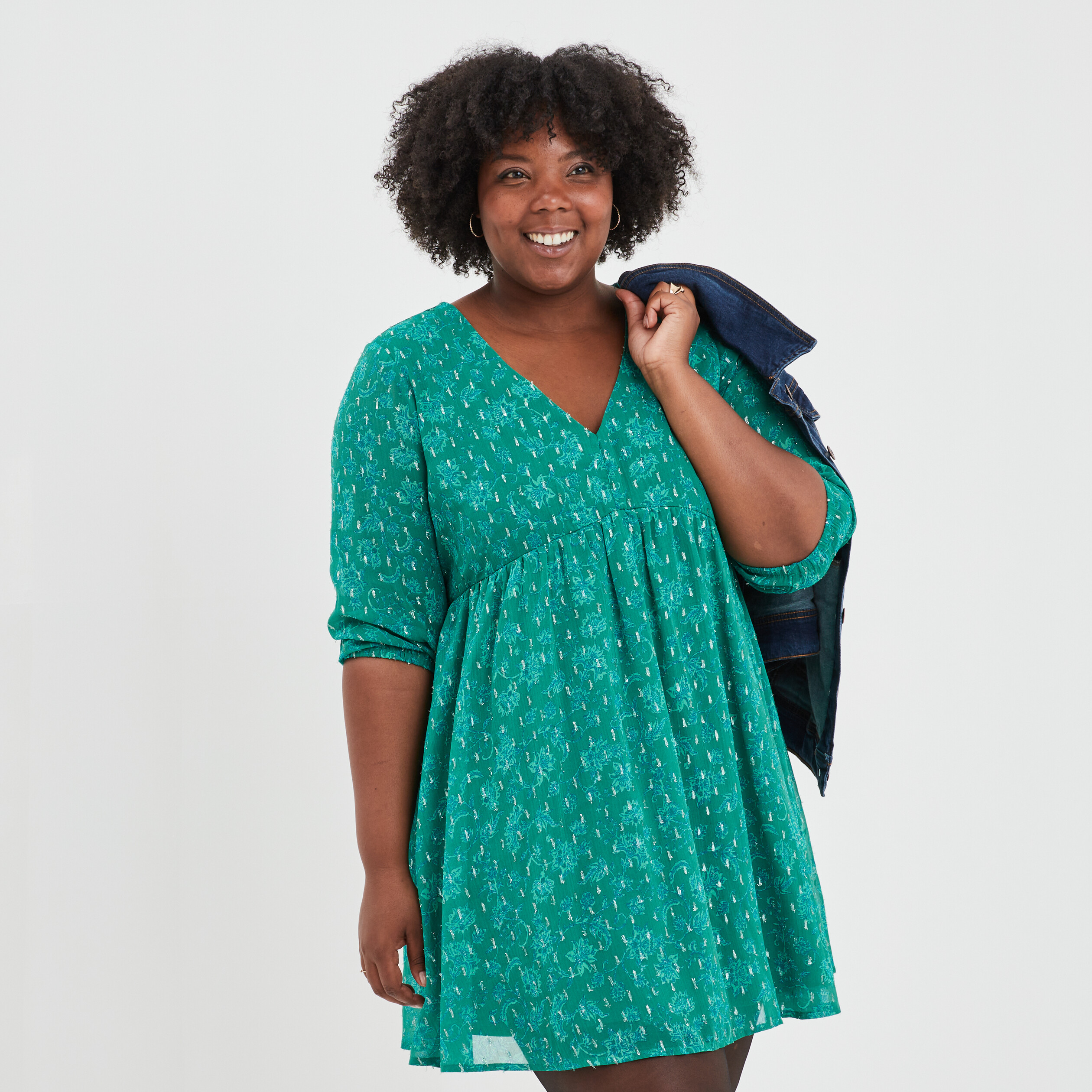 Robe patineuse fils métallisés col en V vert femme grande taille | La Halle