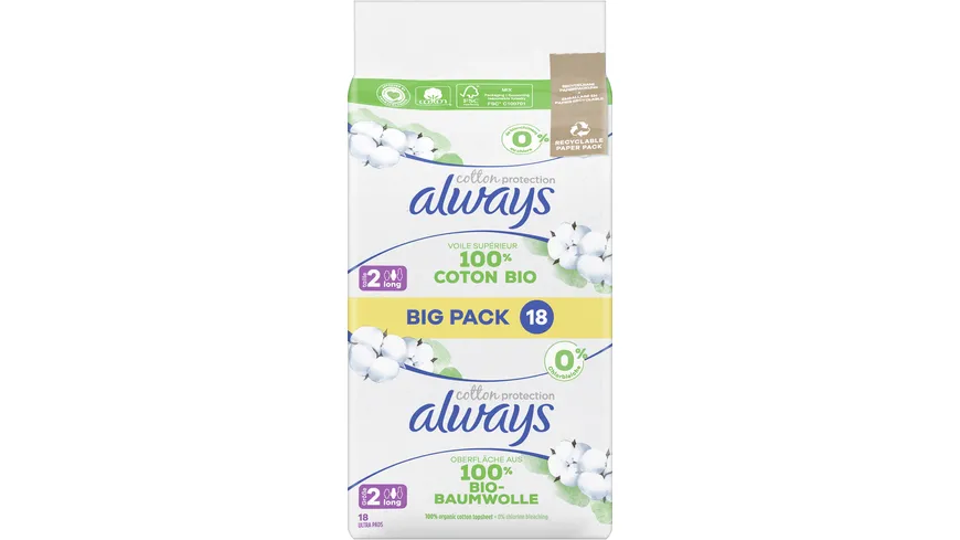 Always Ultra Damenbinden Cotton Protection Long mit Flügeln 18ST