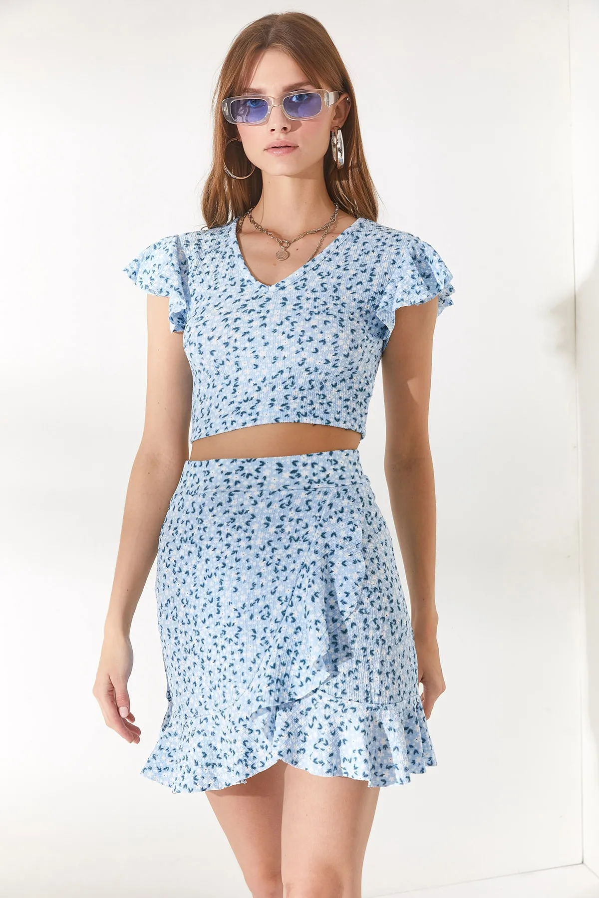 Olalook  Babyblaues Wickelrock-Set aus Oberteil und Unterteil für Damen TKM-19000140