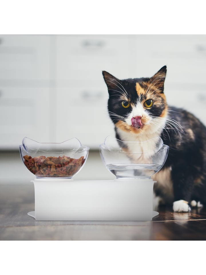 relaxdays Katzen-Doppelnapf in Weiß/ Transparent -  (B)27,5 x (H)16 x (T)13,5 cm günstig kaufen onesize