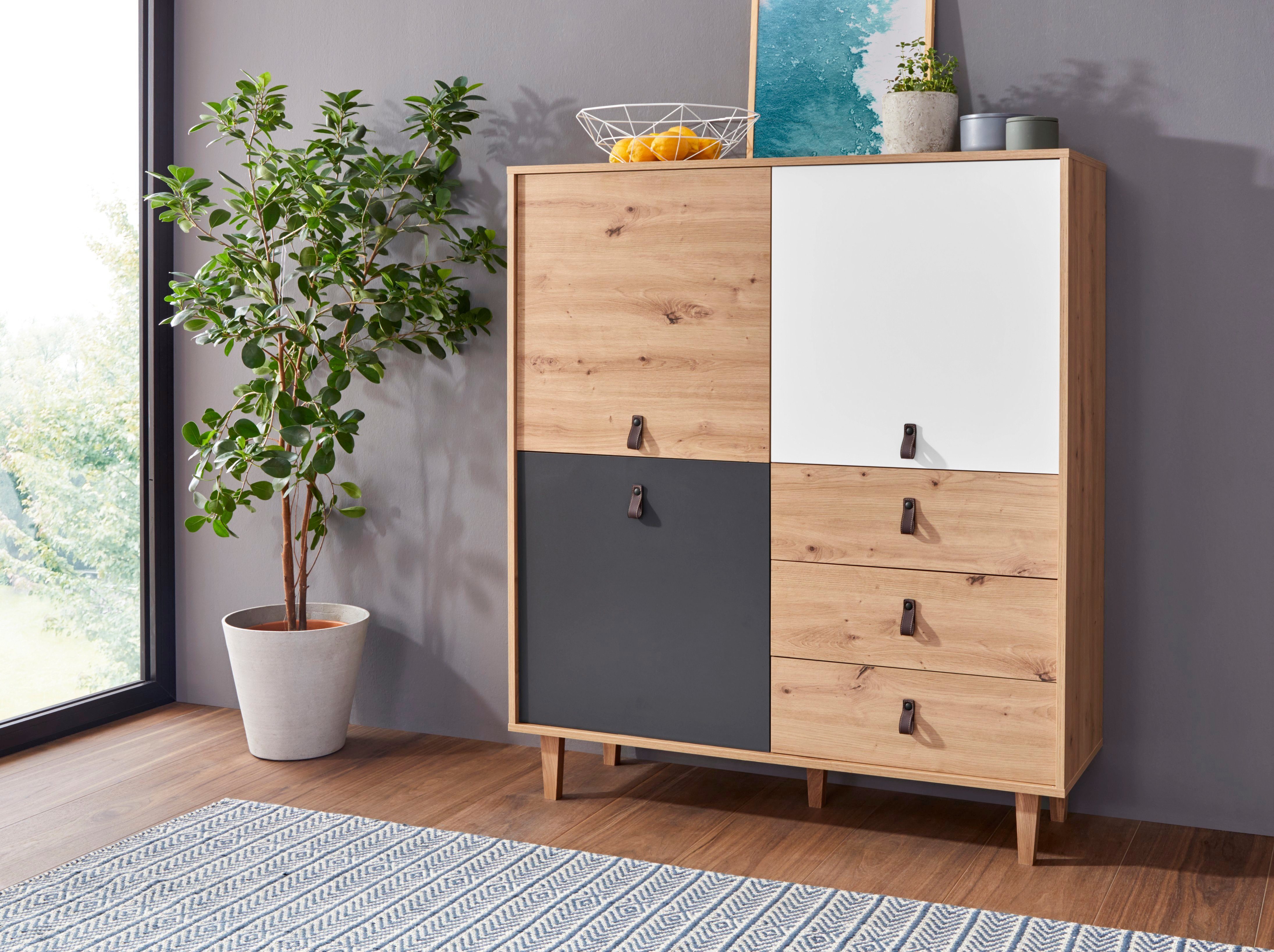 Homexperts Highboard Bristol, Breite 120 cm, Höhe 135 cm, mit massiven Eichefüßen