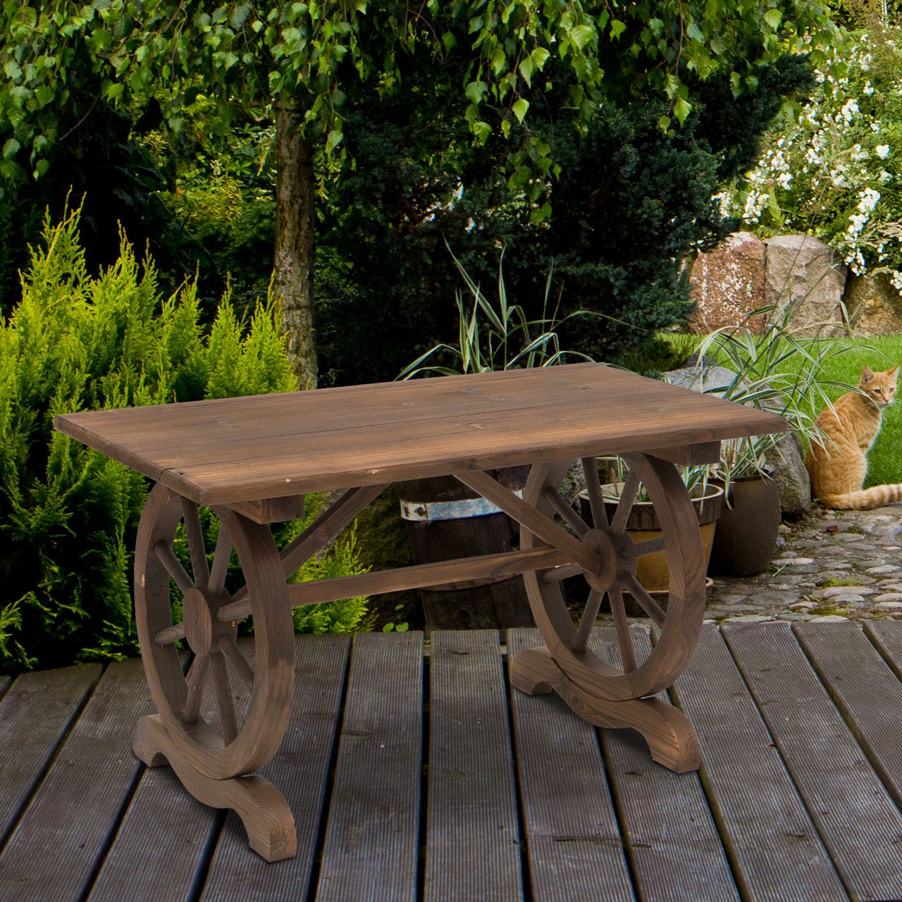 Outsunny Gartentisch, Balkontisch, Holztisch, Räderform, Witterungsbeständig, Massivholz, Natur, 113 x B60 x H65 cm